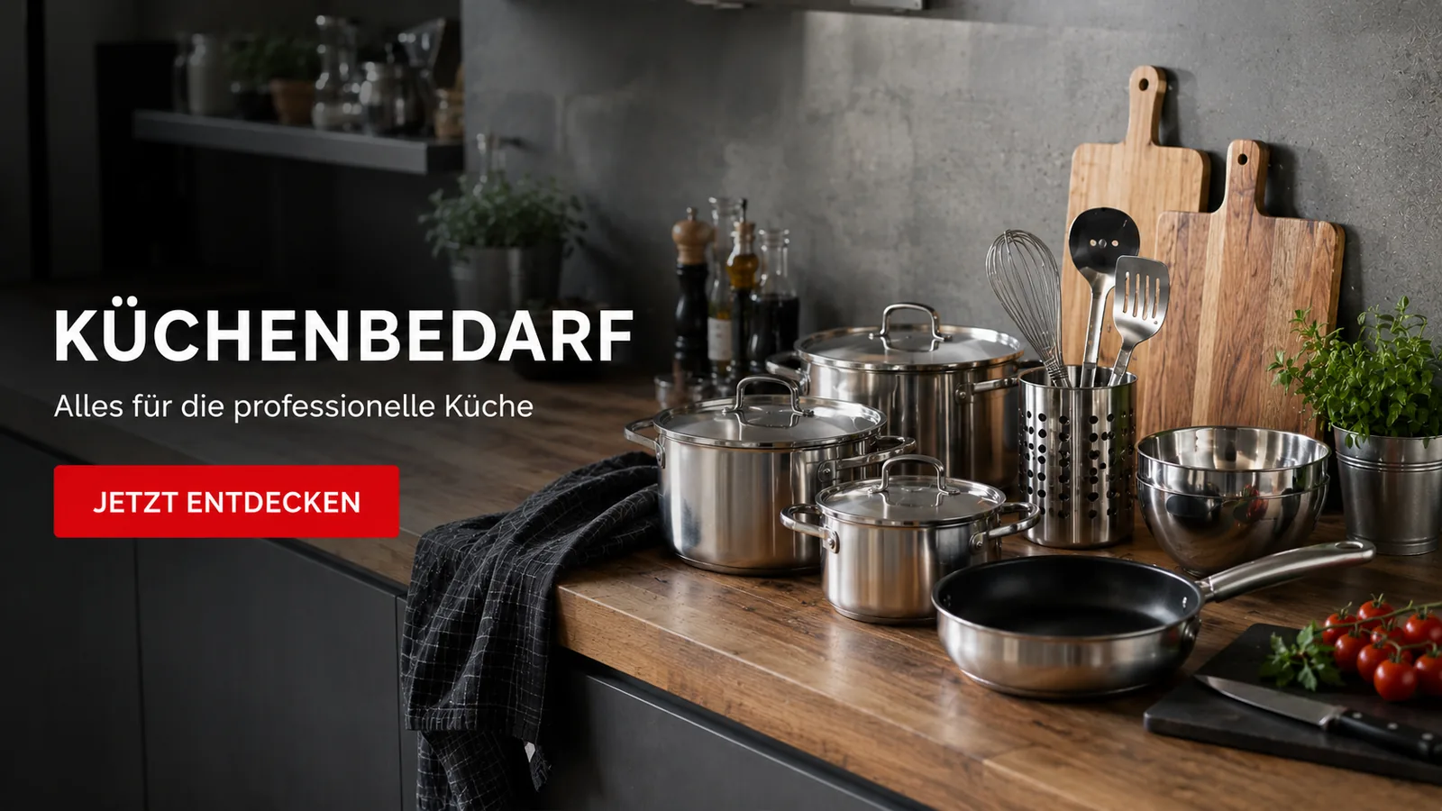 Küchenbedarf für Gastronomie und professionelle Küchen mit Töpfen, Pfannen, Küchenhelfern und Schneidbrettern