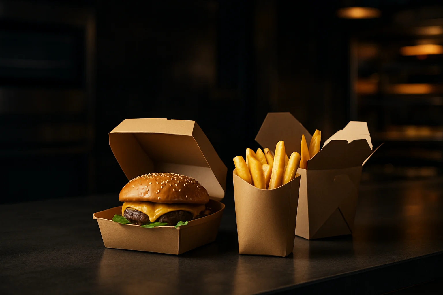 Take-away-Verpackungen für Burger, Pommes und Nudel-To-go auf professionellem Ausgabetresen