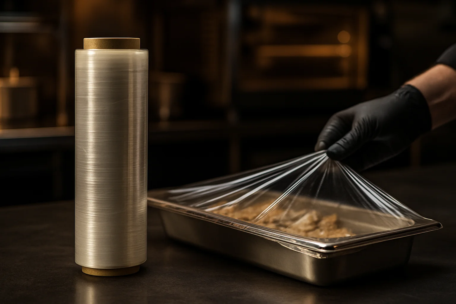 Rolle Frischhaltefolie beim Abdecken eines Gastro-Tabletts in Profi-Küche