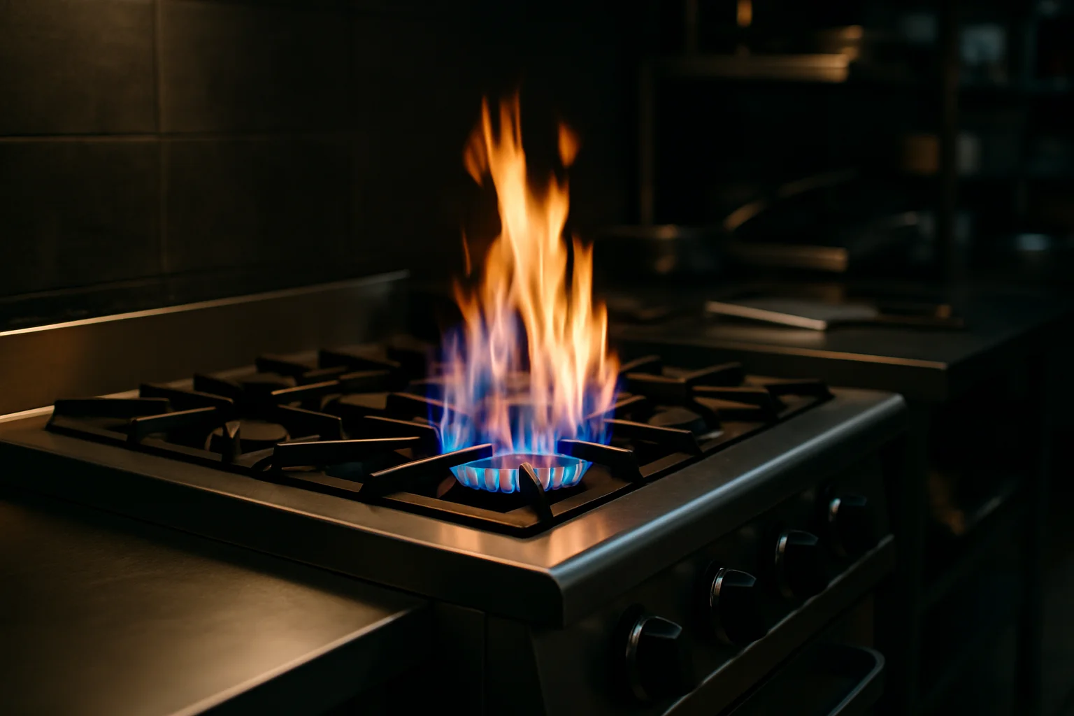 Gasherd mit offener Flamme in einer gewerblichen Küche