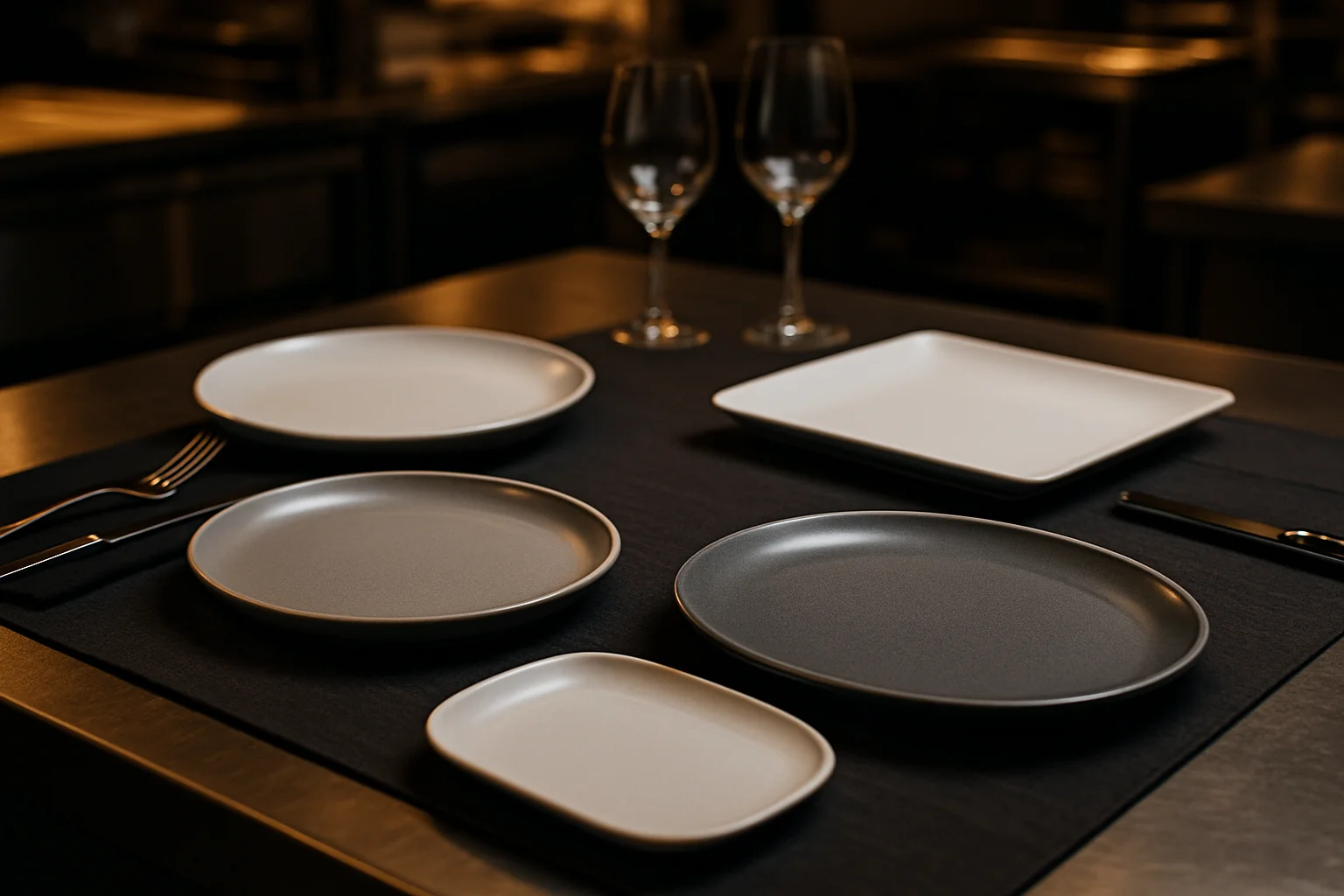 Vergleich verschiedener Tellerformen auf gedecktem Gastro-Tabletop