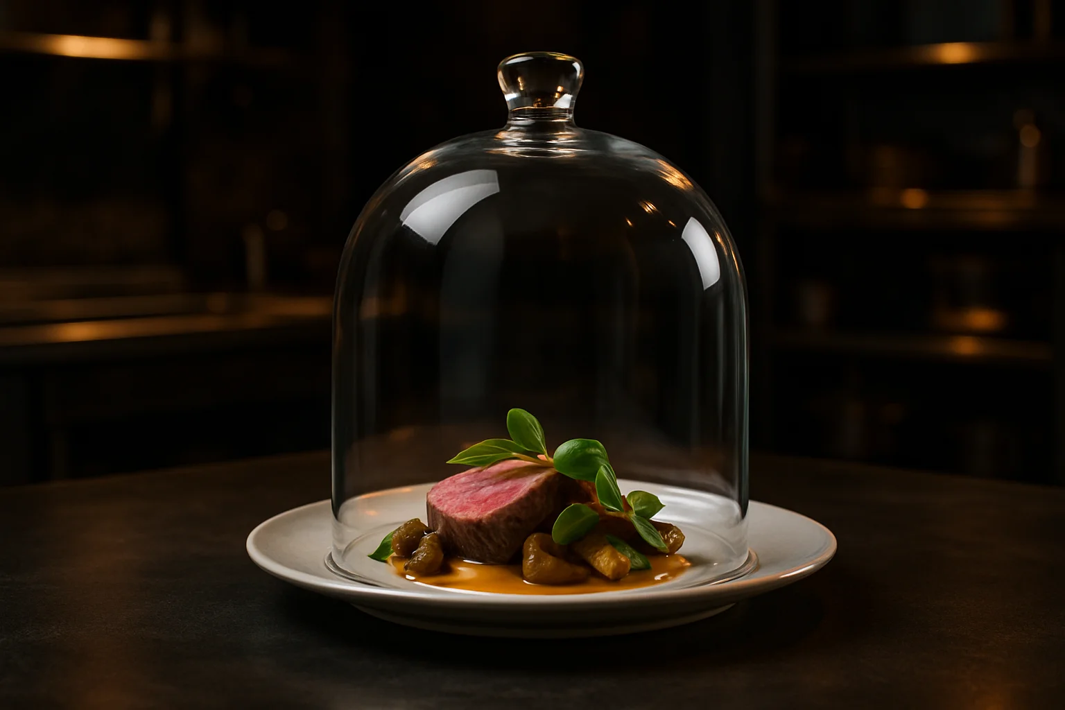 tellerglocke cloche ueber angerichtetem gericht professionelle prasentation