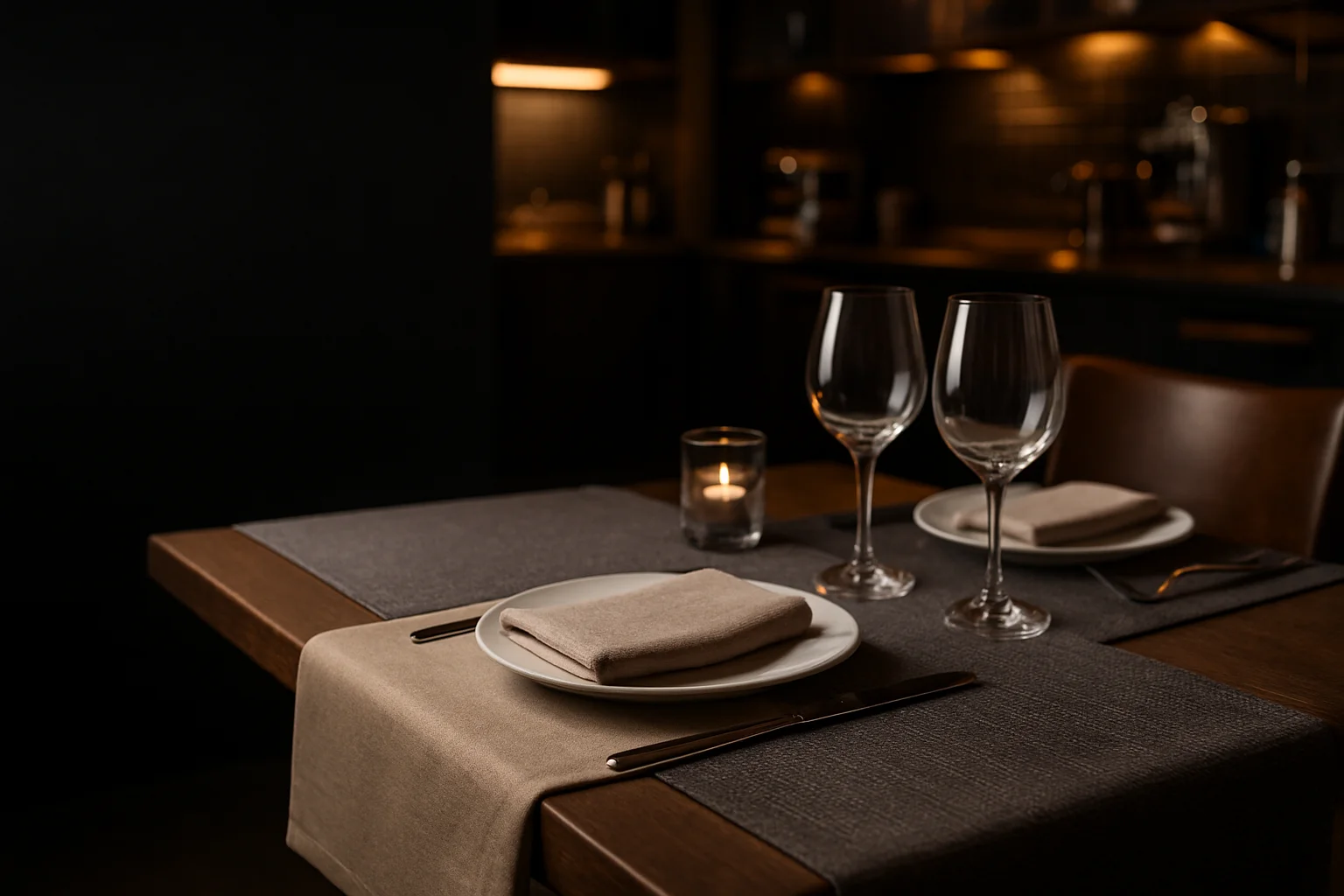 Gedeckter Restauranttisch mit Tischdecke und Läufer, professionelle Gastro-Umgebung