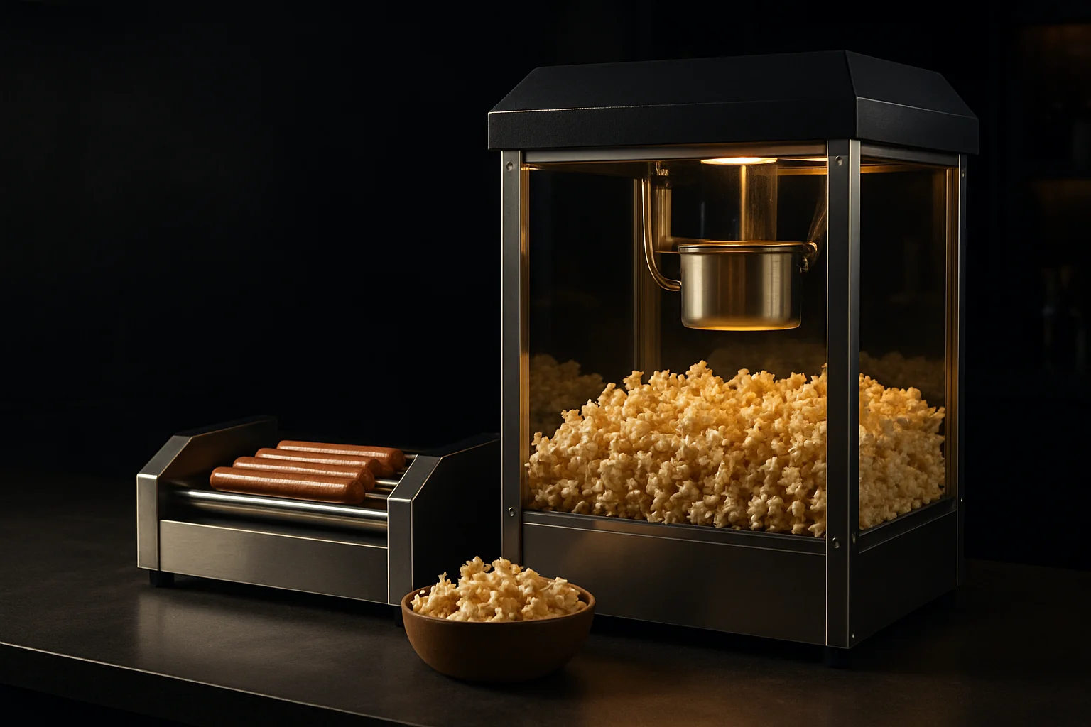 Snackgeräte in einer professionellen Imbiss- oder Eventumgebung, Popcorn- und Hot‑Dog-Geräte sichtbar
