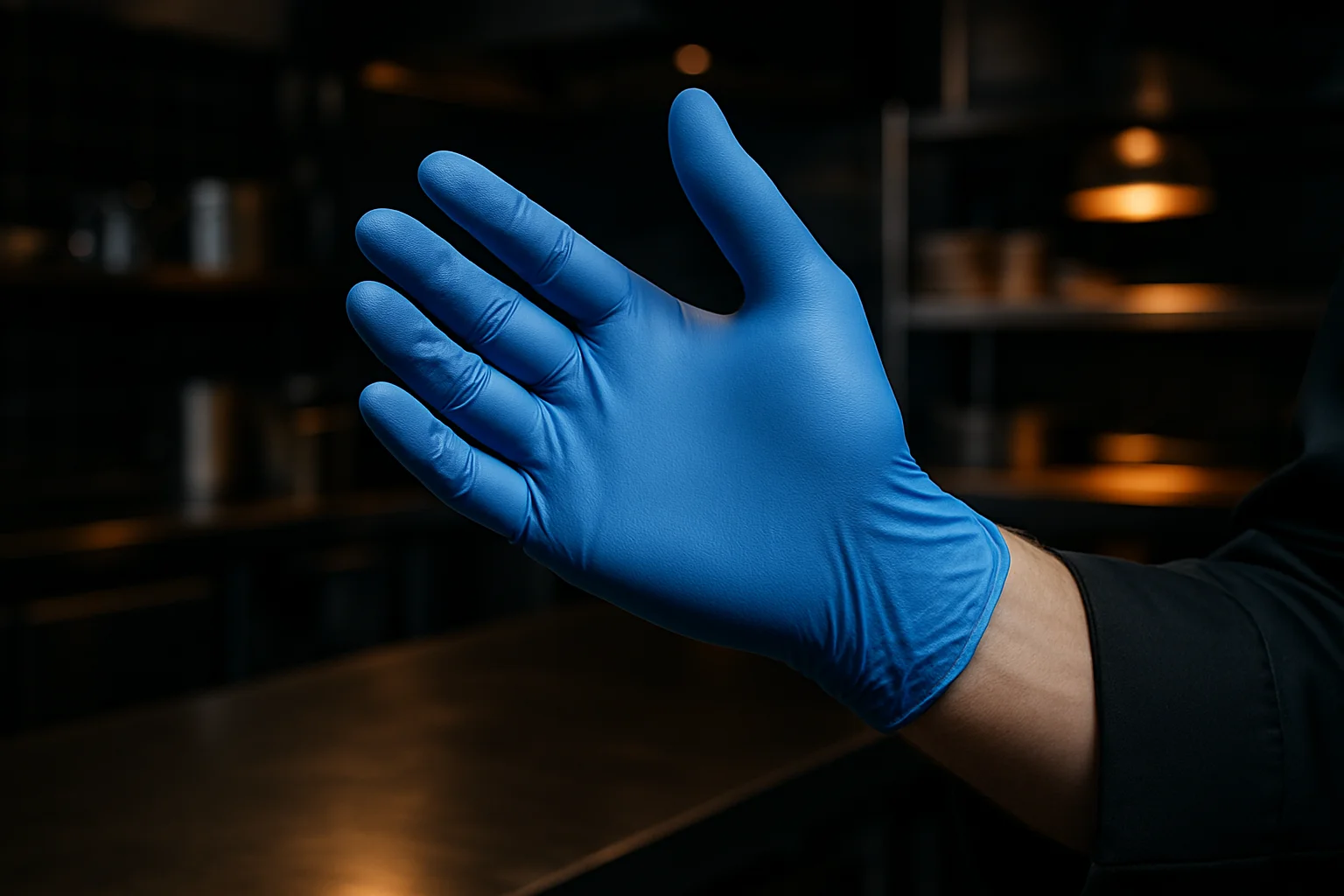 Blauer Nitrilhandschuh an Hand vor professioneller Küche
