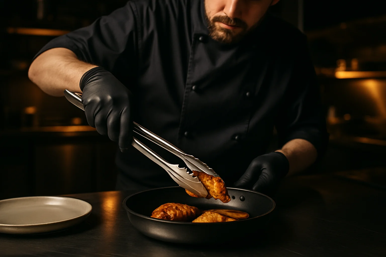 Universalzange in Profi-Küche beim Portionieren