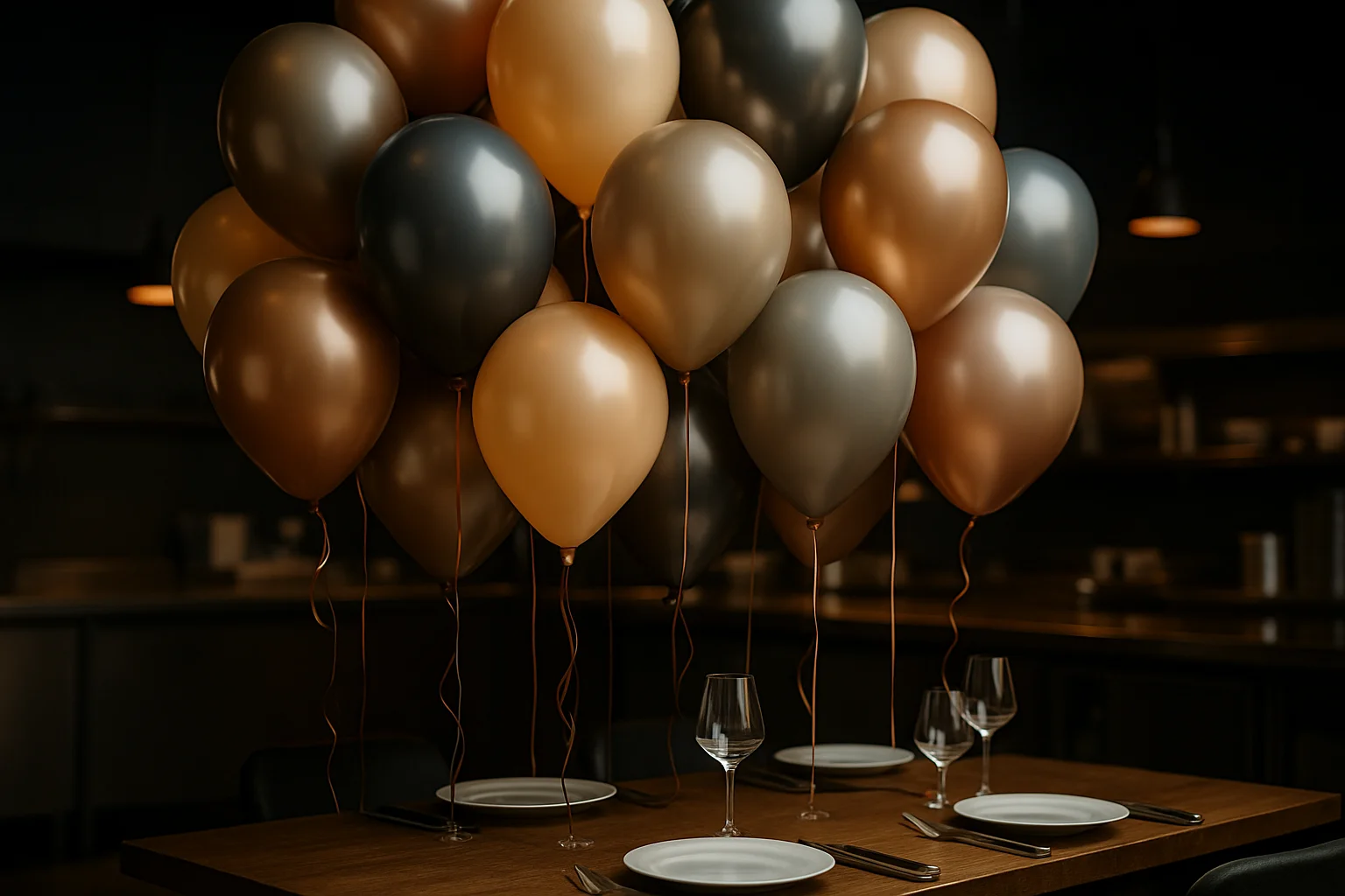 Luftballons als Eventdekoration in gedeckten Farben, Cluster über Bankett