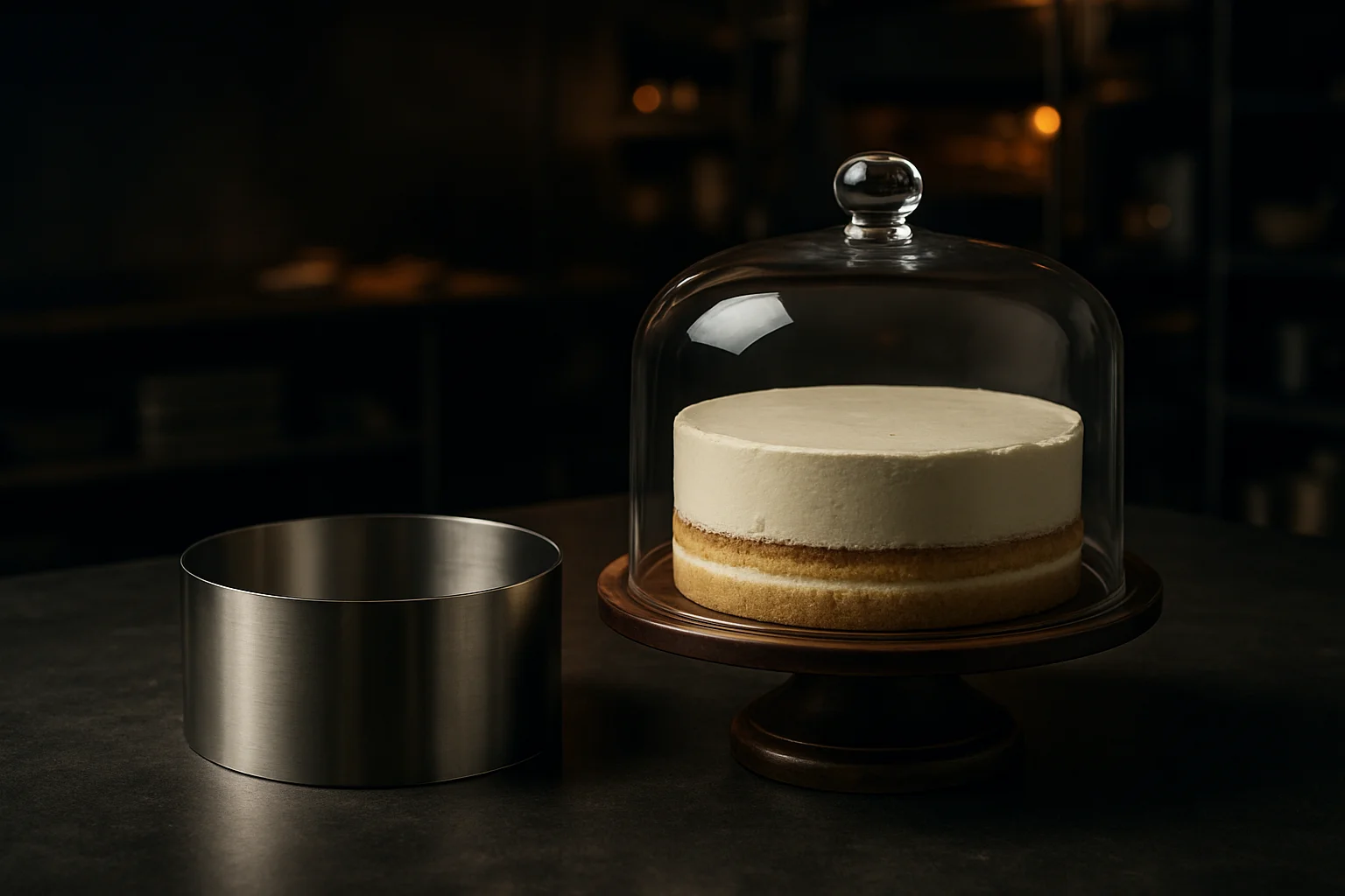 tortenzubehoer auf theke mit tortenplatte haube und tortenring im gastronomieeinsatz