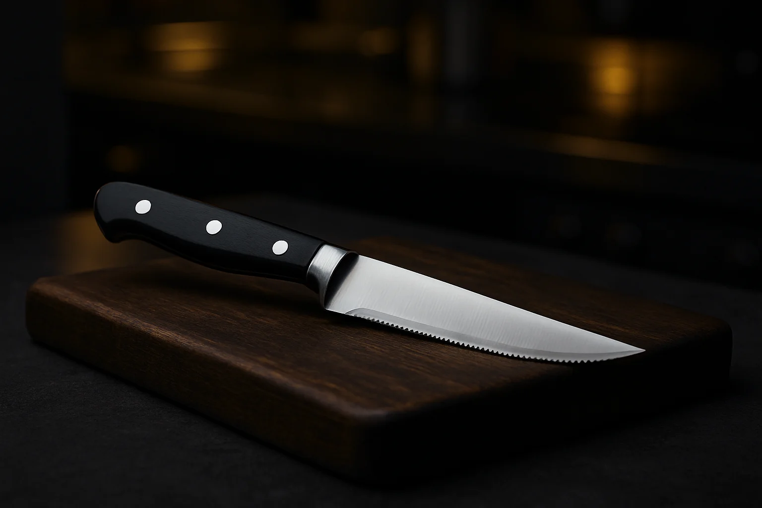 steakmesser mit sichtbarer kling und griff auf dunklem brett