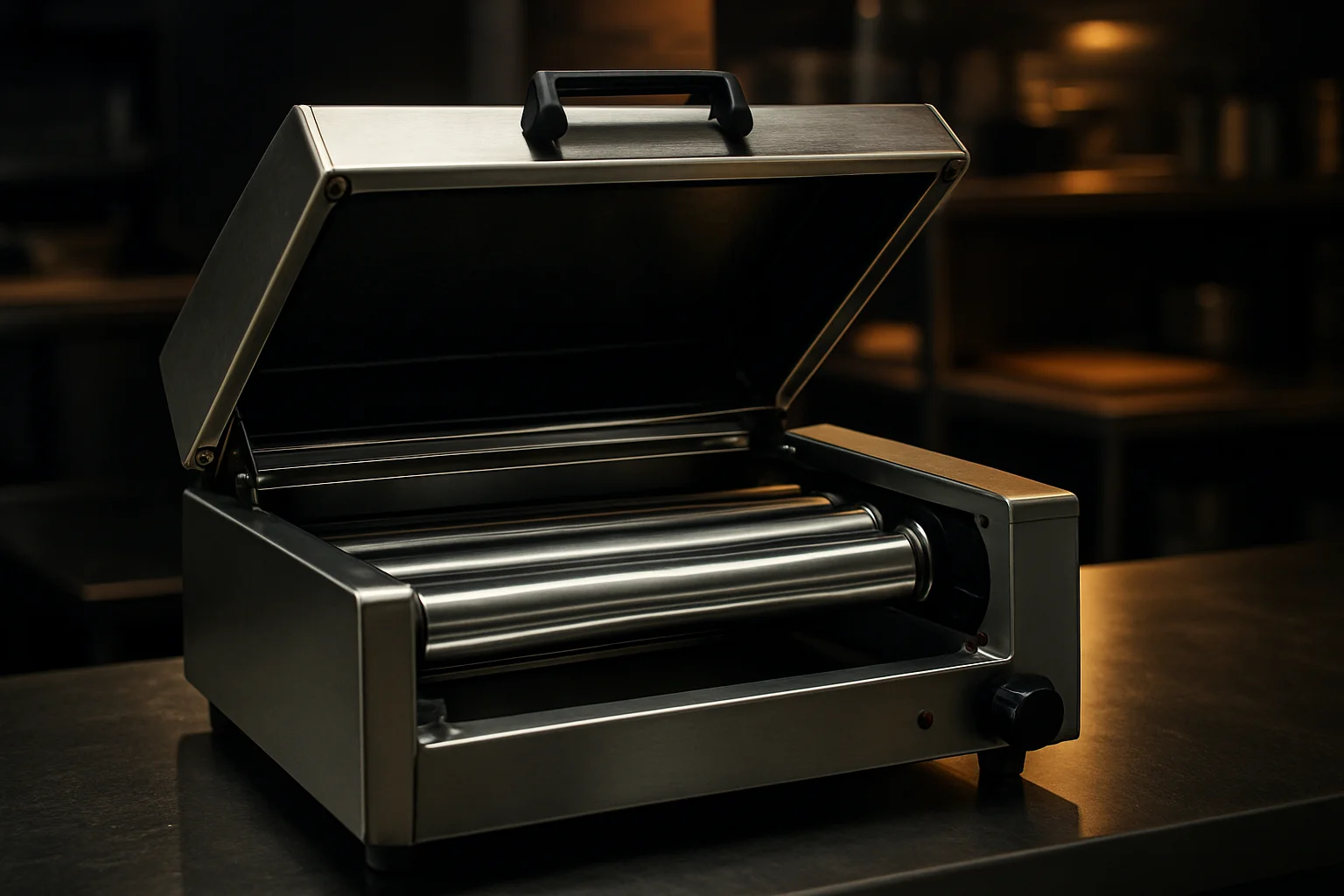 Geöffneter Rollgrill mit sichtbarem Zugang zu Rollen und Innenraum zur Reinigung