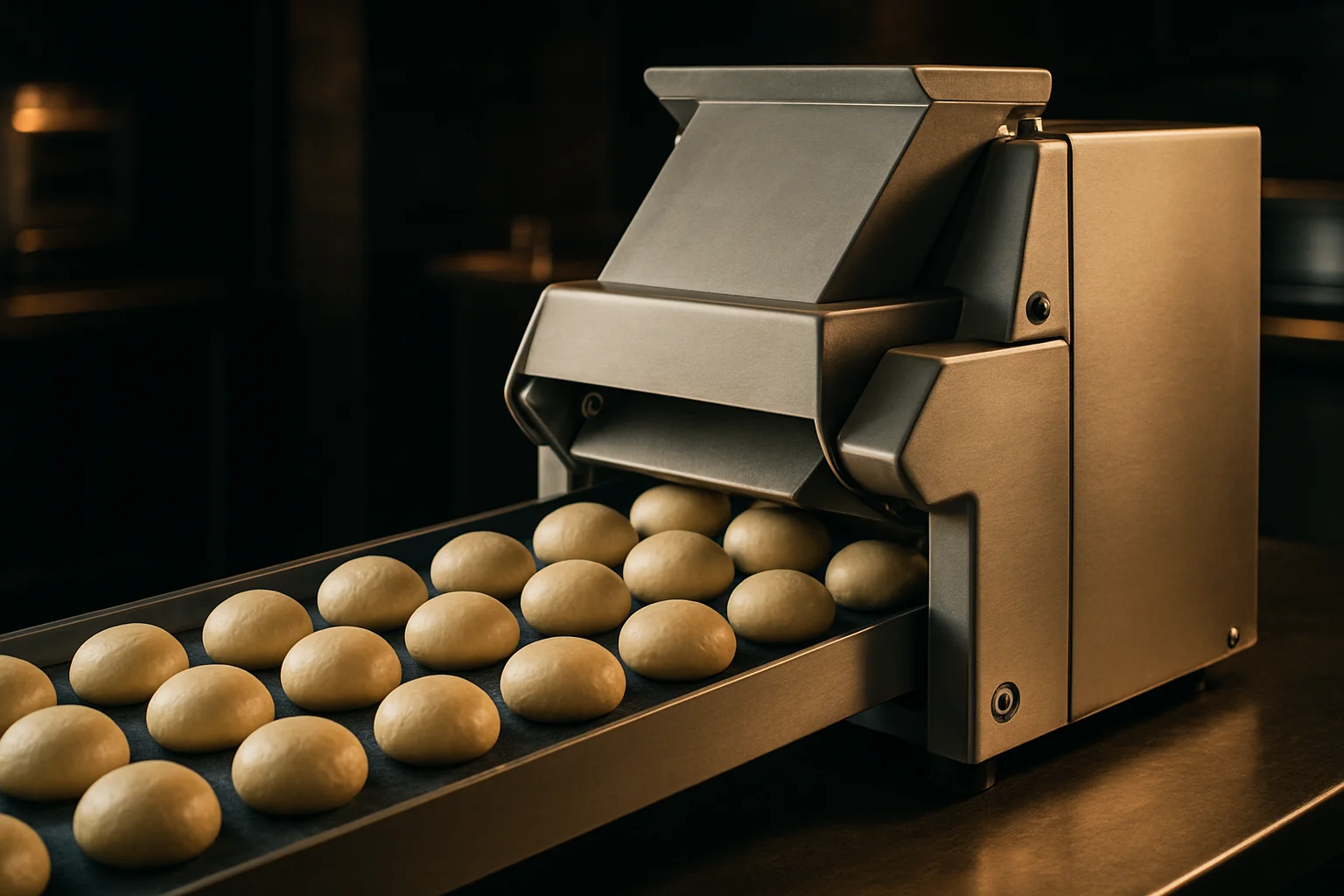 Teigdrücker und Brötchenformer formen gleichmäßige Brötchen in Gewerbeküche