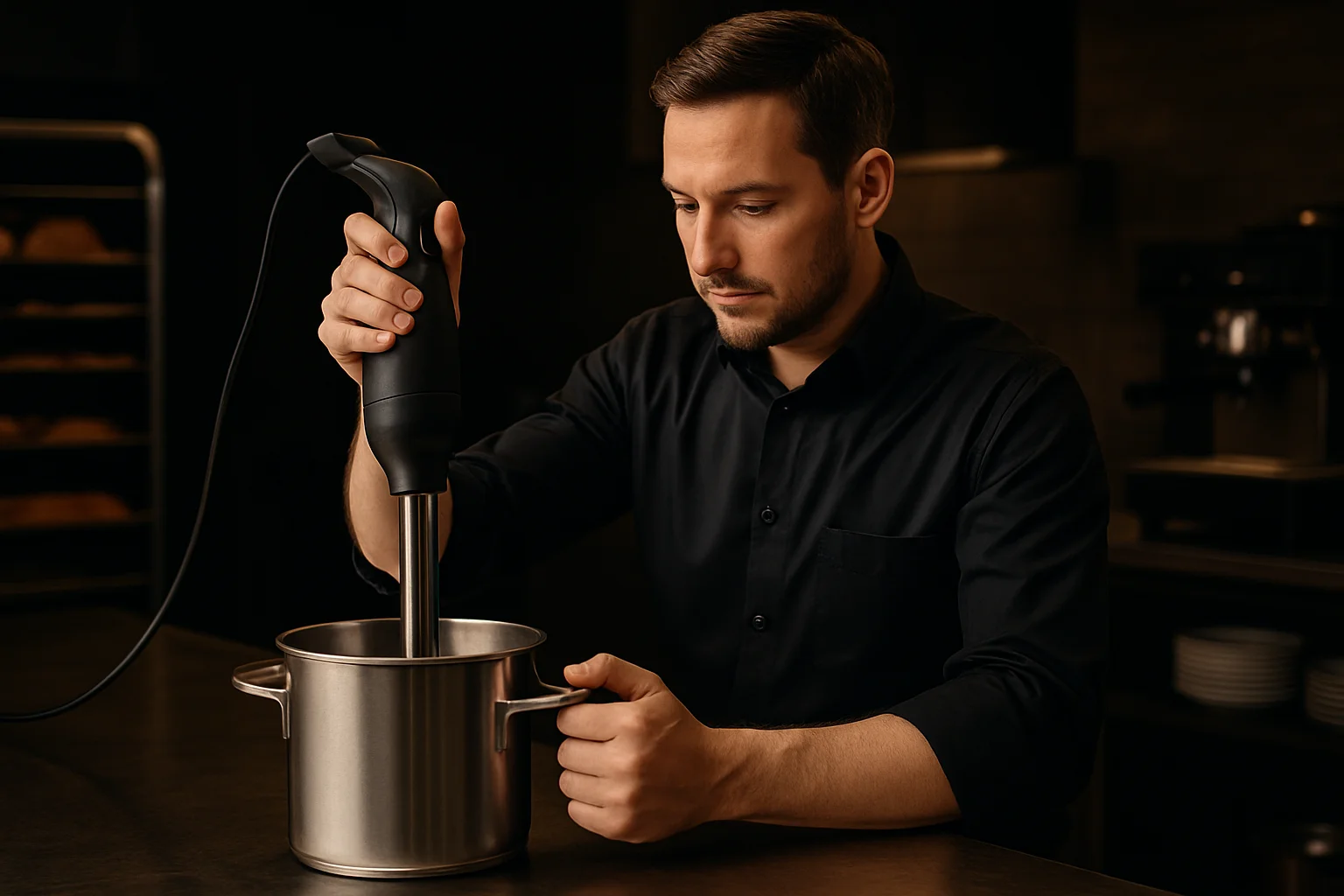 Ergonomische Handhabung eines Küchenhelfers in einer professionellen Küche