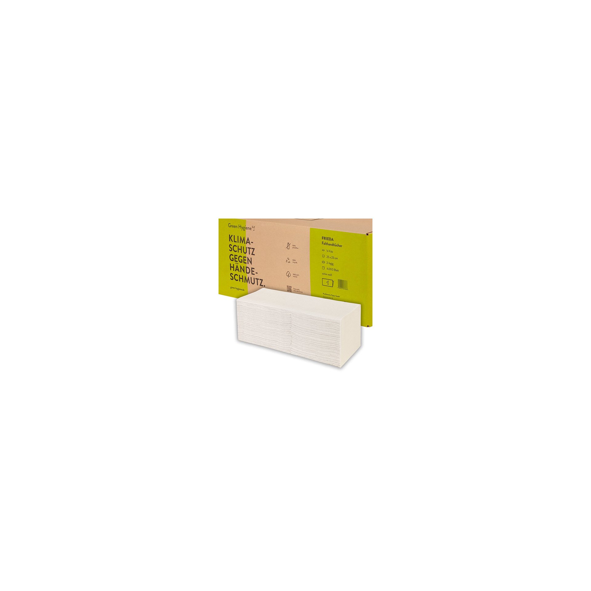 Blatt "Green Hygiene" Handtuchpapier "FRIEDA" V-Falz 23 cm x 25 cm 2-lagig (20x200) Blatt "Green Hygiene" Handtuchpapier "FRIEDA" V-Falz 23 cm x 25 cm 2-lagig (20x200)