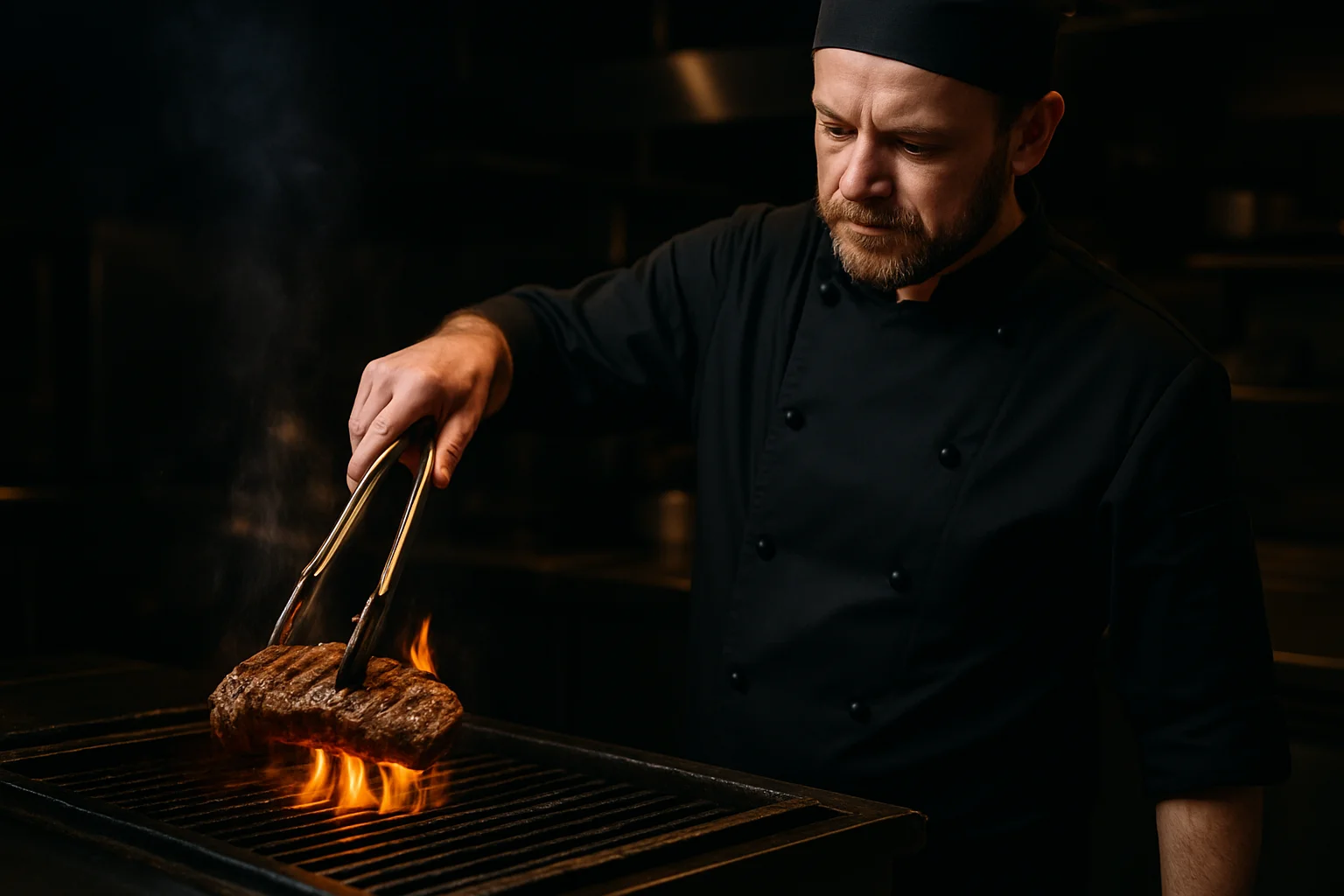 Lange Grillzange aus Edelstahl beim Wenden eines Steaks auf Grill
