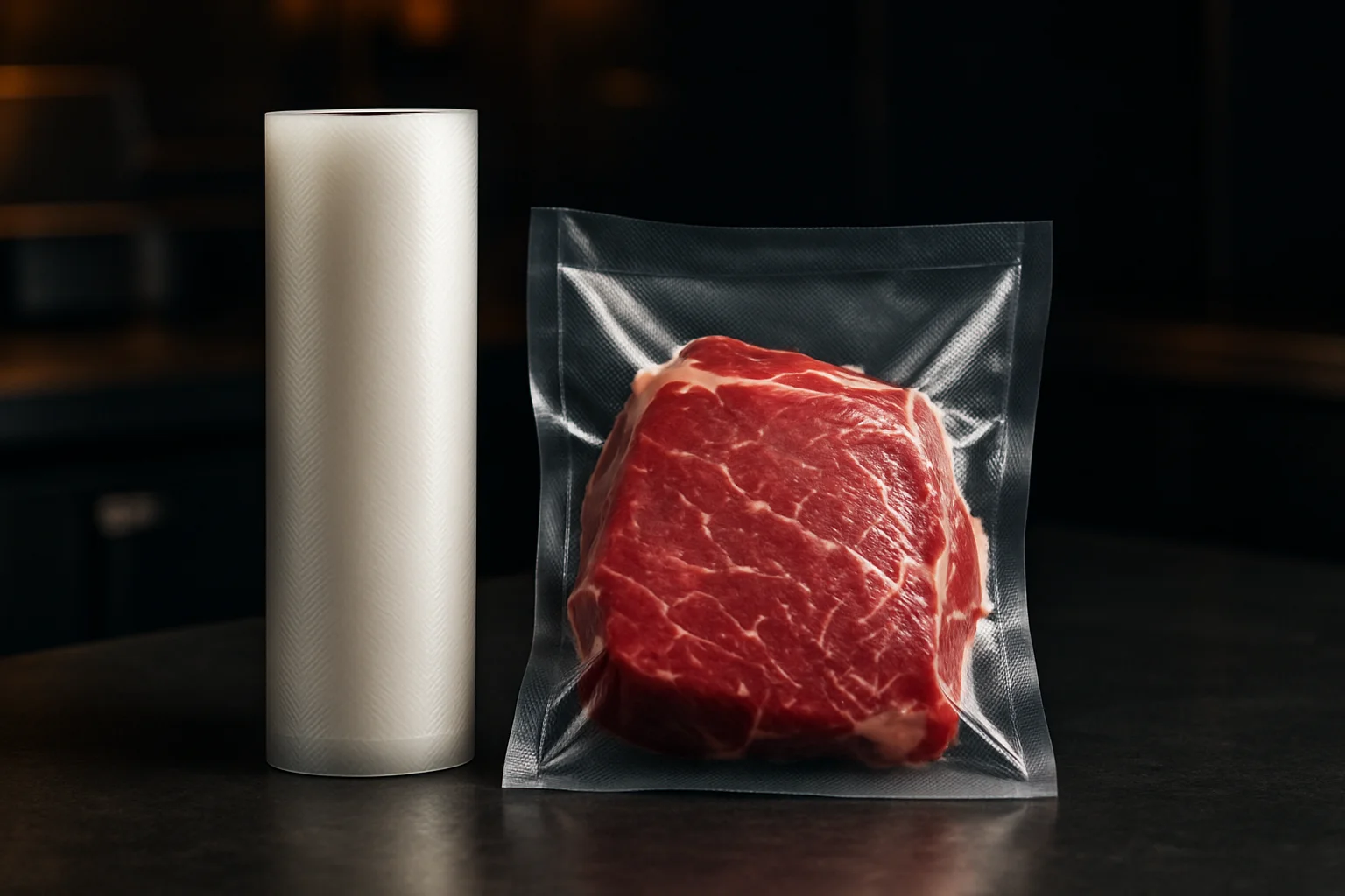 Vakuumrollen und vakuumbeutel mit vakuumiertem lebensmittel auf dunklem gastronomie-hintergrund