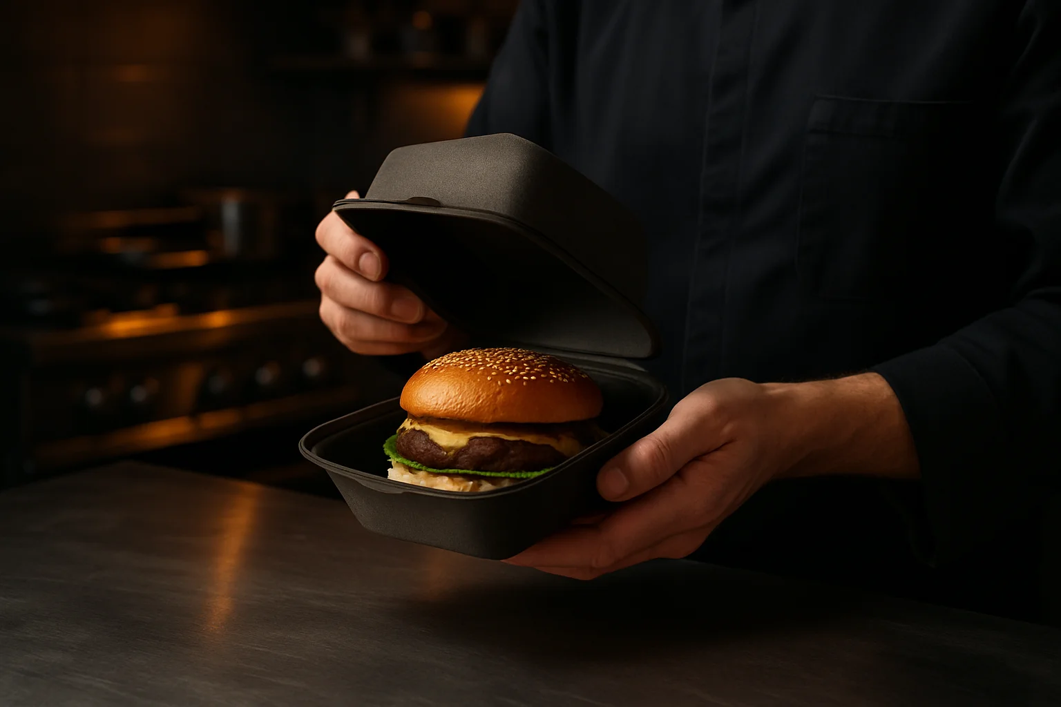 Hand hält beschichtete Burgerbox in Gastronomieküche
