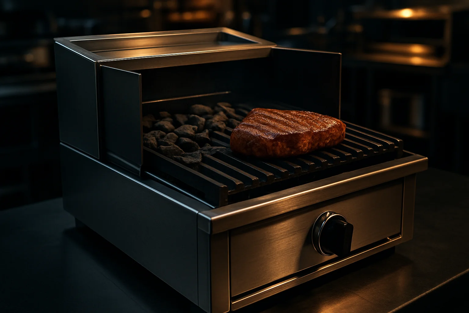Lavasteingrill mit Lavasteinen und gegrilltem Fleisch in einer Gastronomieumgebung
