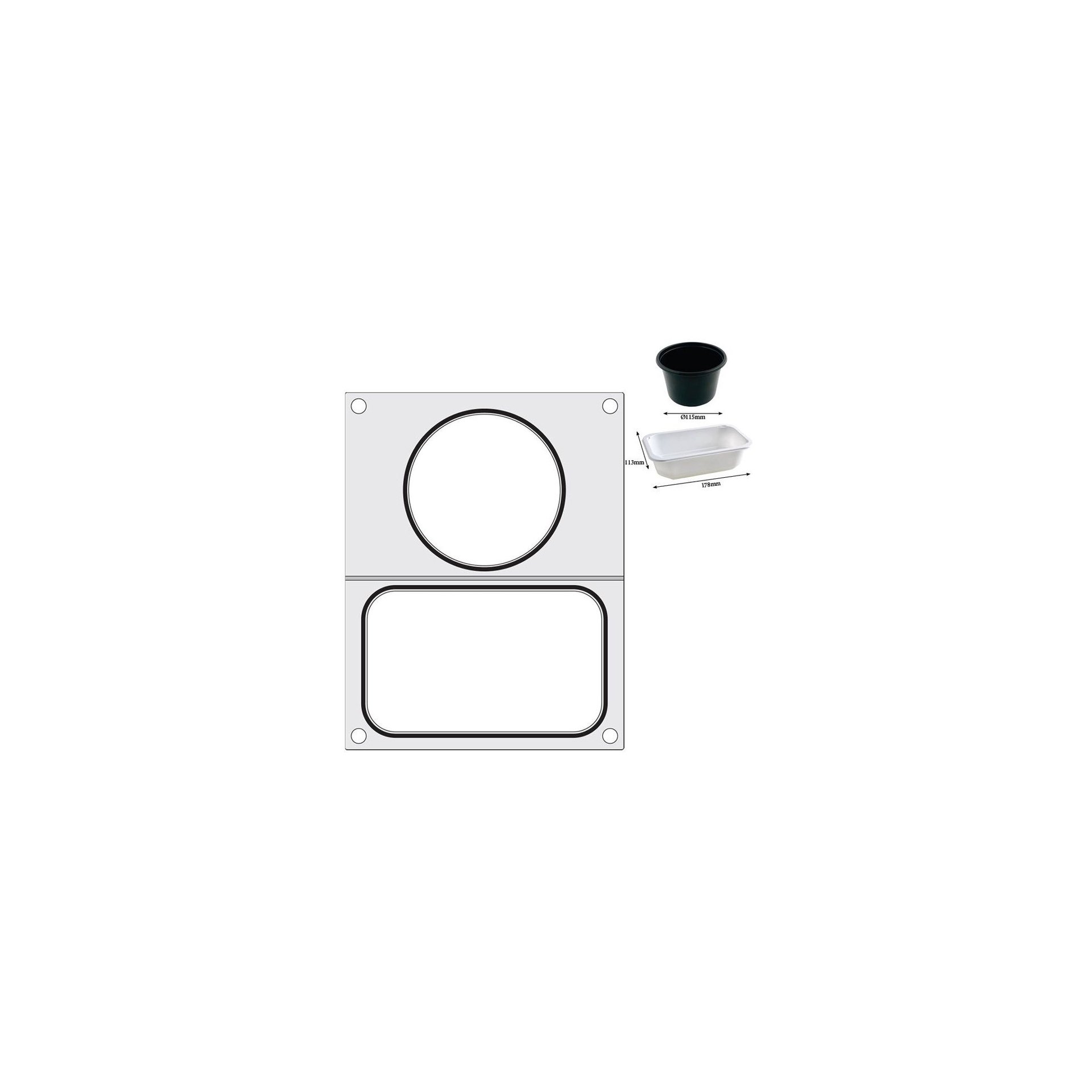 Matrize für Versiegelungsmaschine, zwei Behälter (1x 178x113 mm, 1x ø115 mm) Matrize für Versiegelungsmaschine, zwei Behälter (1x 178x113 mm, 1x ø115 mm)