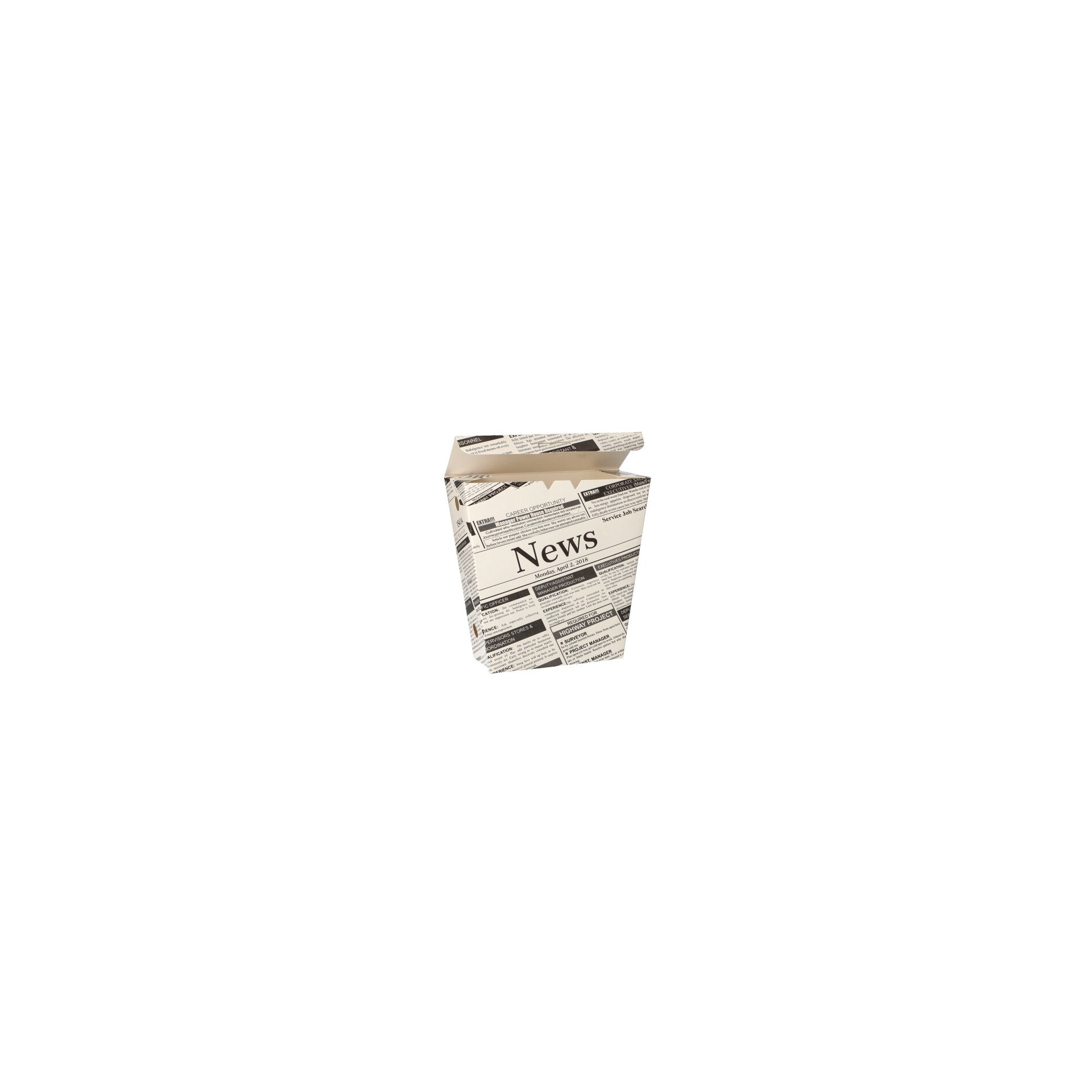 Pommes-Frites-Schütte, Pappe 4,3 cm x 14,5 cm x 11 cm "Newsprint" mit Klappdeckel Pommes-Frites-Schütte, Pappe 4,3 cm x 14,5 cm x 11 cm "Newsprint" mit Klappdeckel