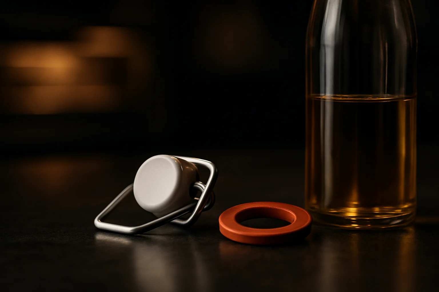Bügelverschluss mit Dichtungsring und schmale Flasche auf Arbeitsfläche