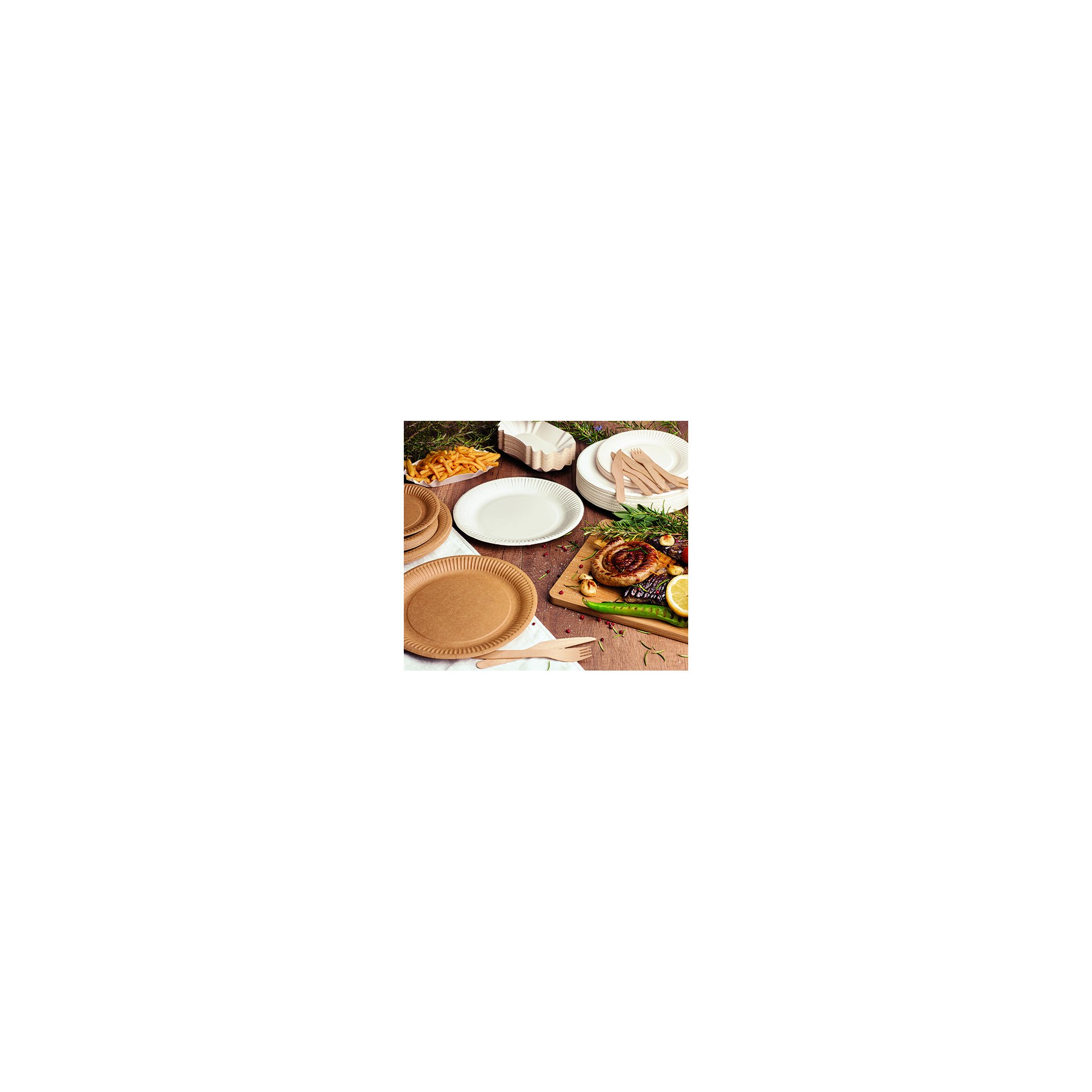 Schalen, Pappe "pure" eckig 9 cm x 14 cm x 3 cm weiss Teller, Pappe "pure" rund Ø 20 cm weiss