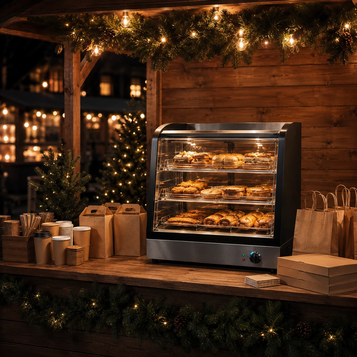 Warmhaltevitrine mit To-go-Verpackungen für einen gastronomischen Weihnachtsmarktstand