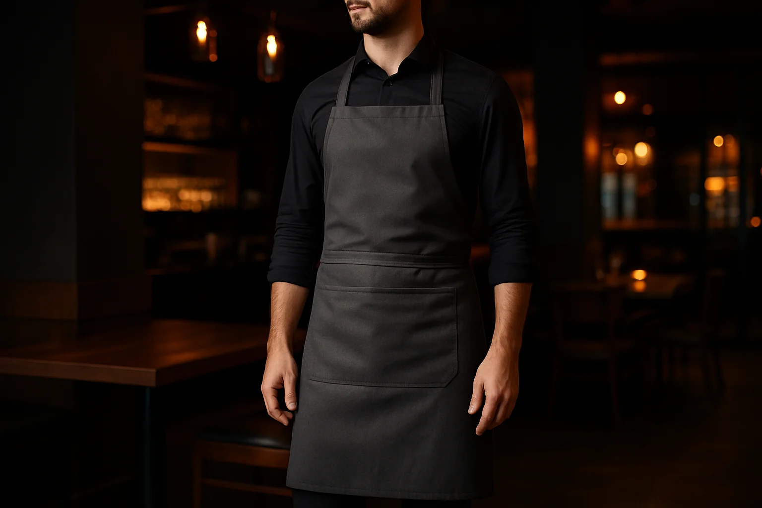Serviceschuerze getragen von Servicekraft im Restaurant, halblang
