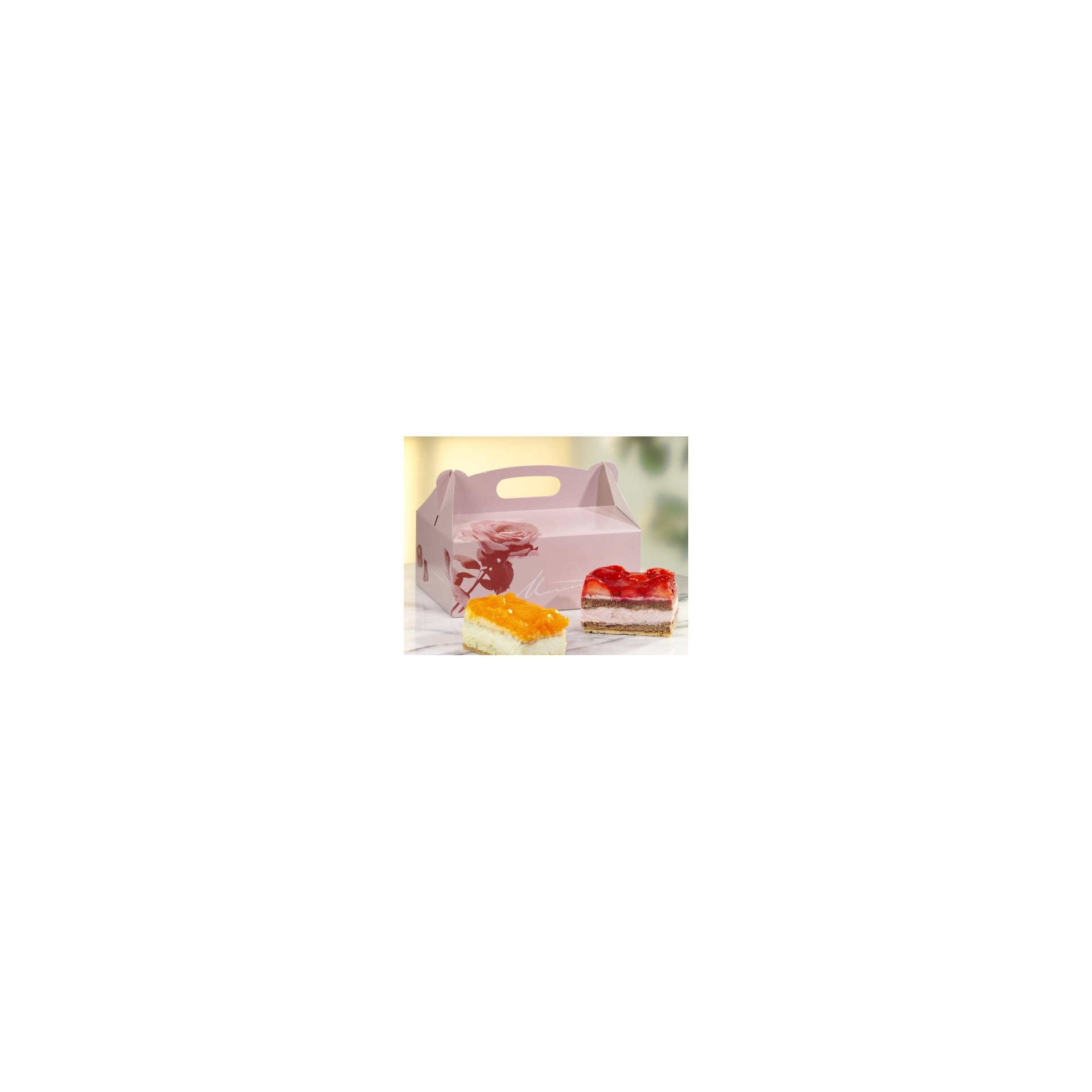 Gebäck-Kartons, Pappe eckig 26 cm x 22 cm x 9 cm rosé mit Tragegriff Gebäck-Kartons, Pappe eckig 26 cm x 22 cm x 9 cm rosé mit Tragegriff