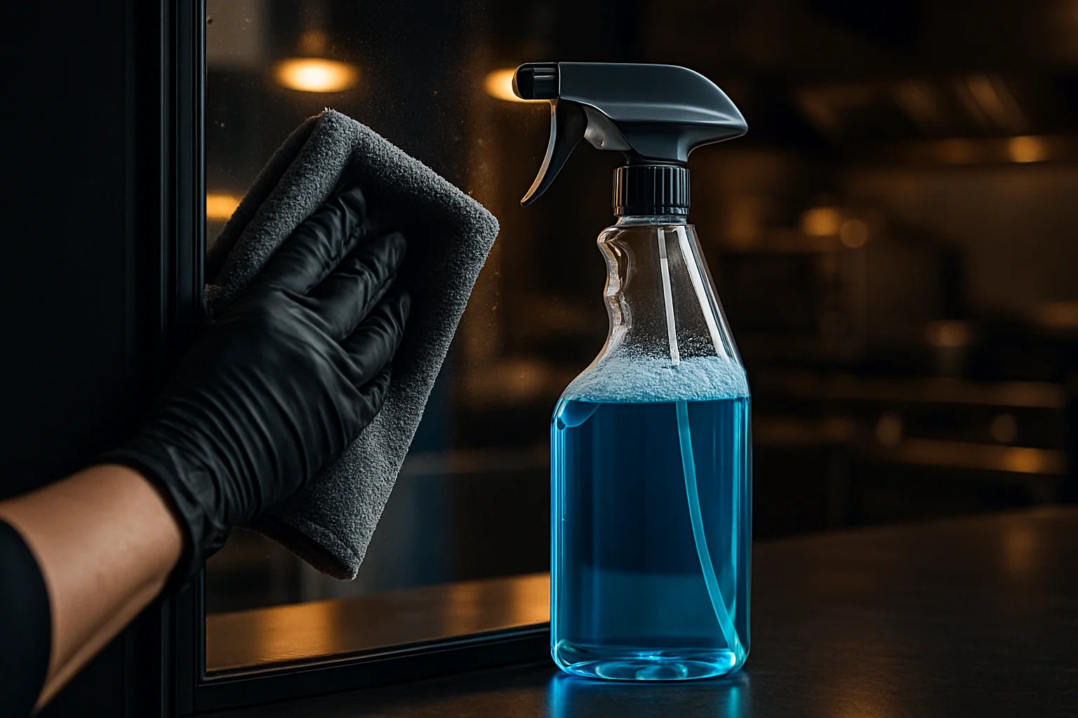 Glasreiniger Flasche mit Microfaser-Tuch an Schaufenster