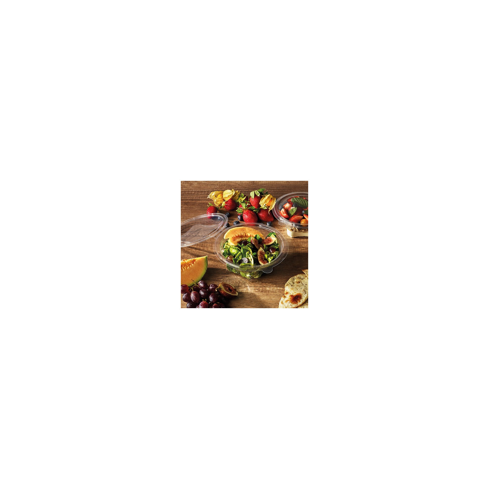 Feinkost- und Salatschalen mit Klappdeckel, R-PET rund 750 ml Ø 17,4 cm · 7,3 cm glasklar