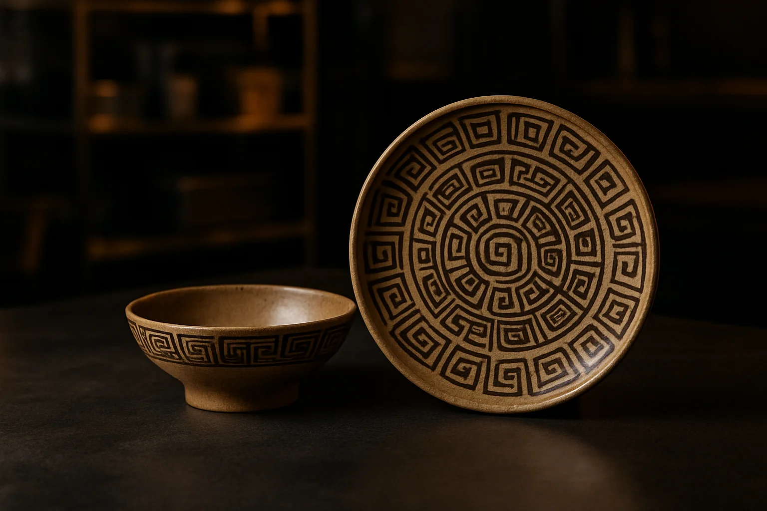 Geschirrserie MAYA mit Teller und Dessertschale auf professionellem Tabletop