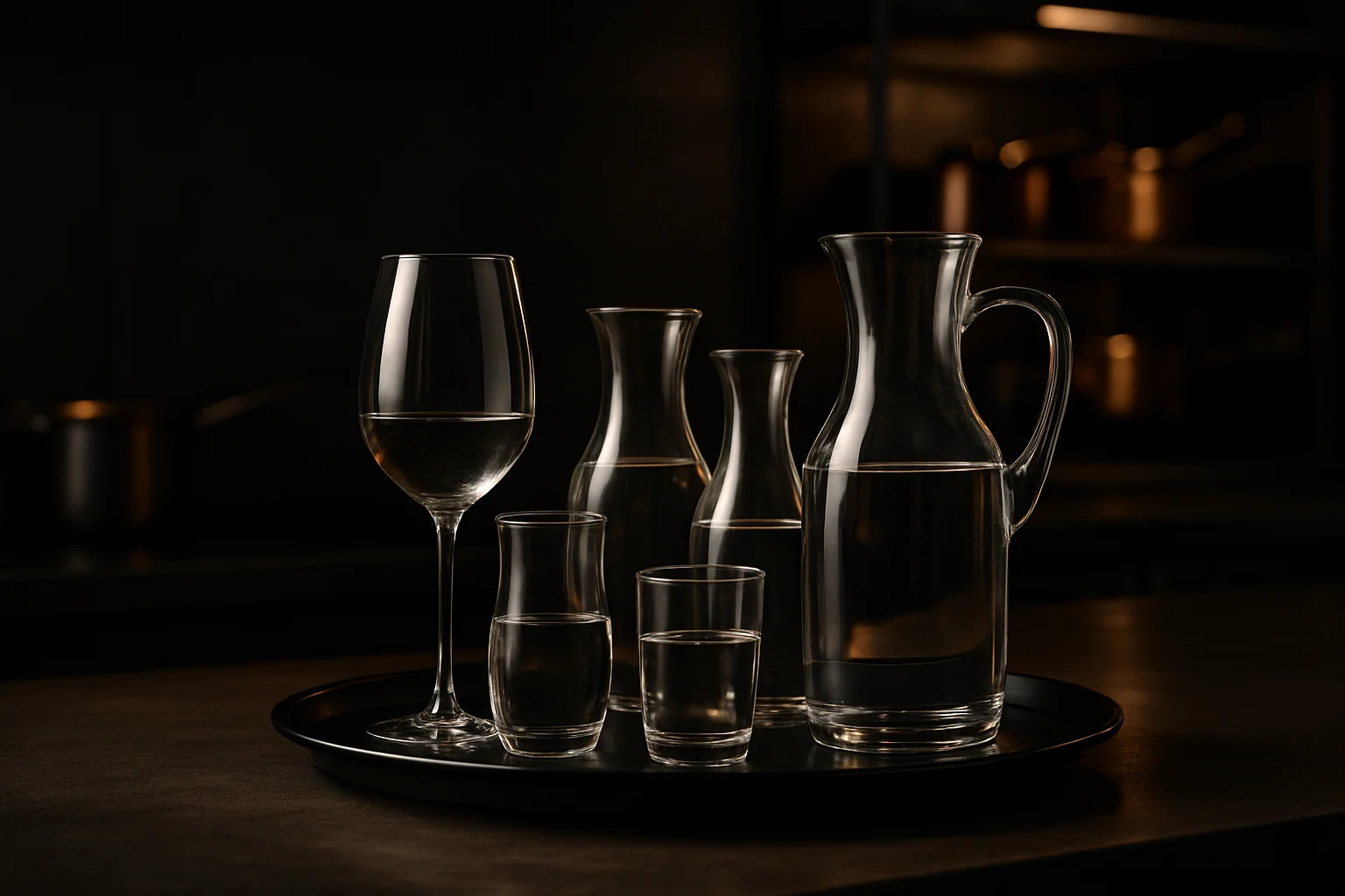 Gläser und Karaffen auf Serviertablett im professionellen Gastronomieservice