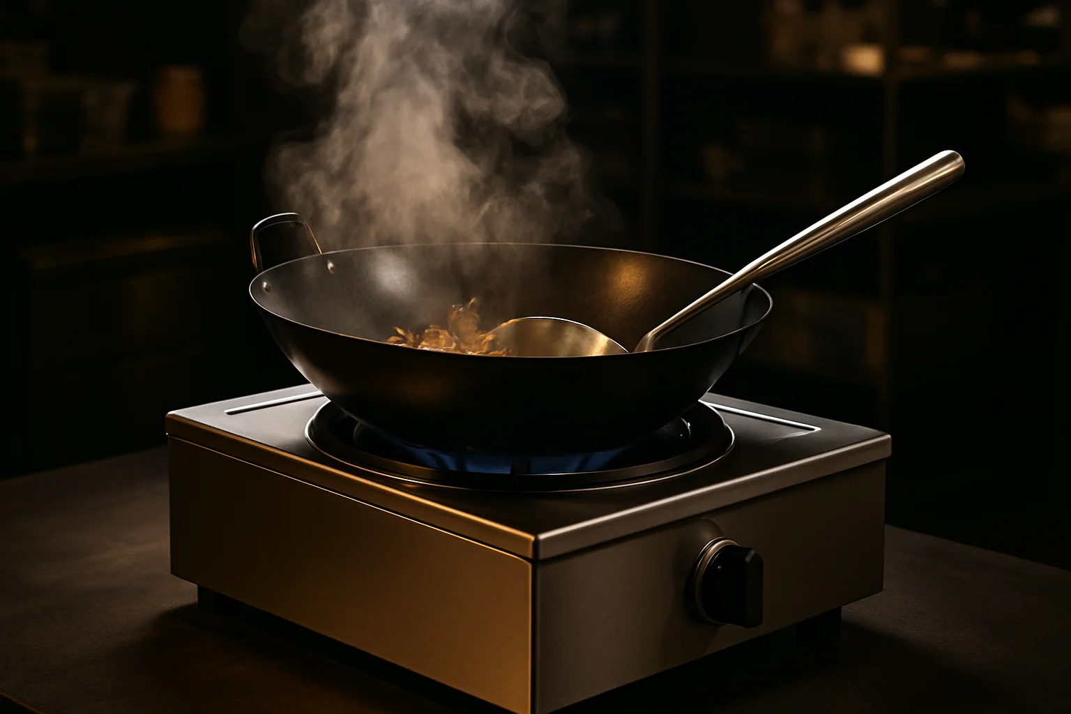 Gewerbliches Wokgerät mit großem Wok in Einsatz in einer Profi-Küche