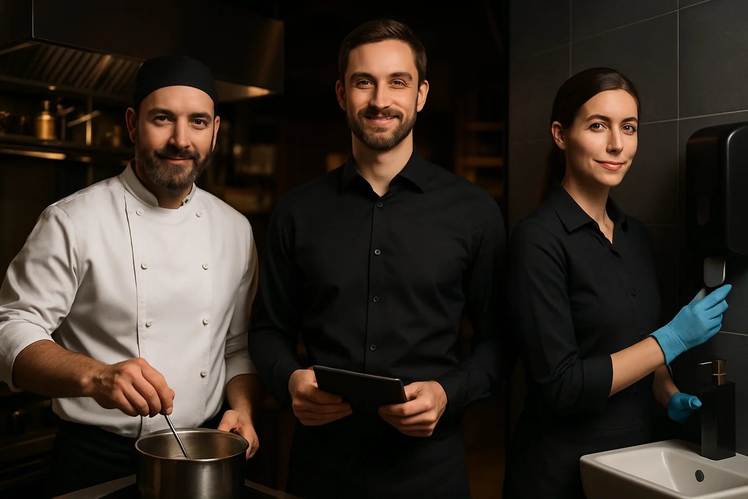 Mitarbeiter in Küche, Service und Hygienestation zur Verdeutlichung von Einsatzzwecken