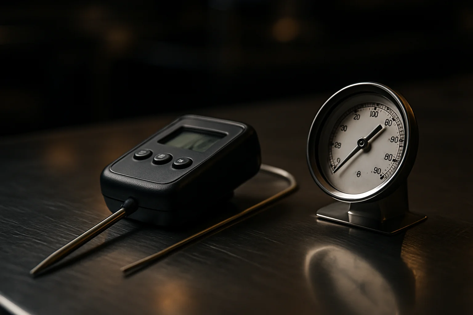 Einstechsonde neben Raumthermometer auf einer Edelstahlfläche