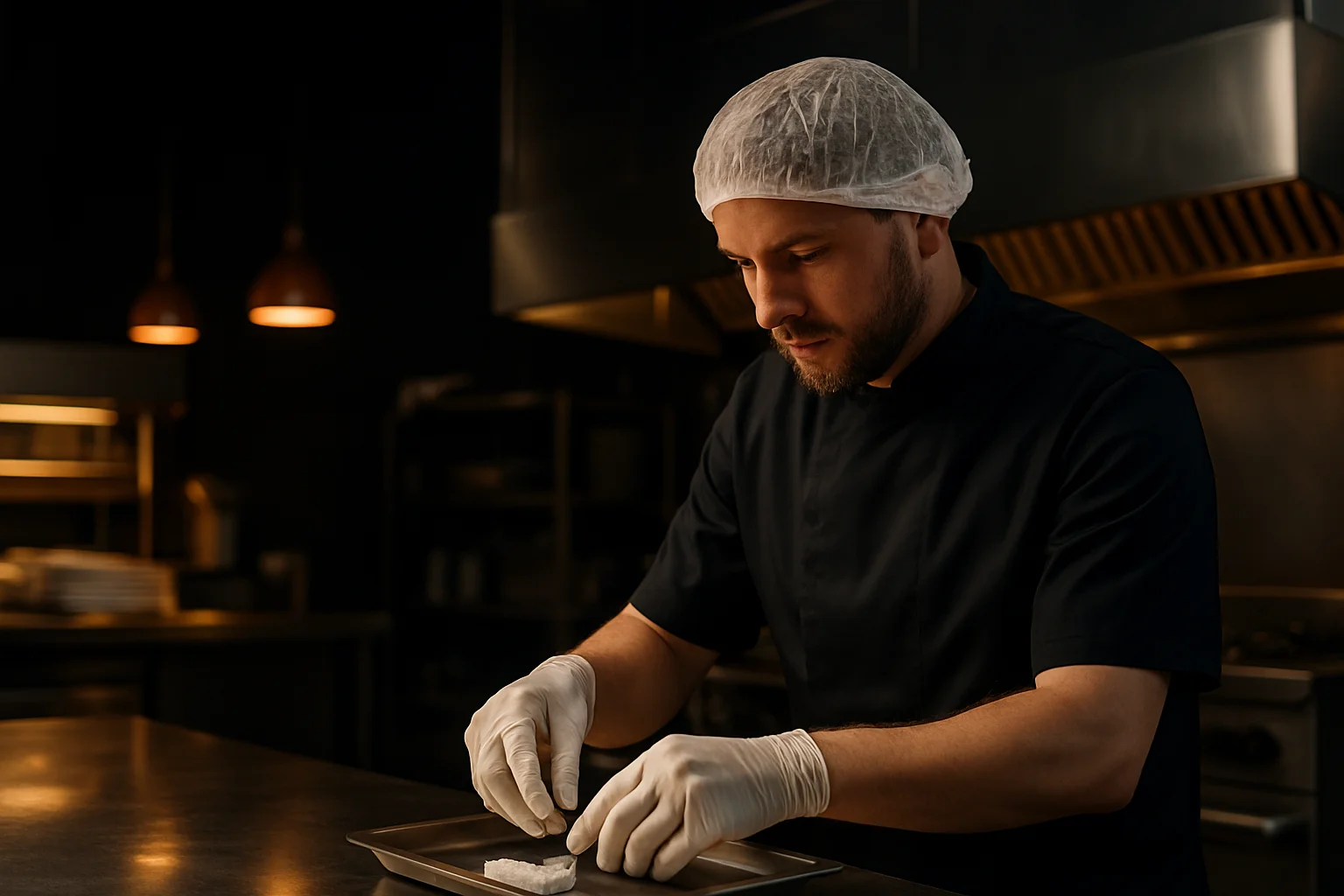 Mitarbeiter in Großküche mit Handschuhen und Kopfbedeckung, hygienische Arbeitssituation