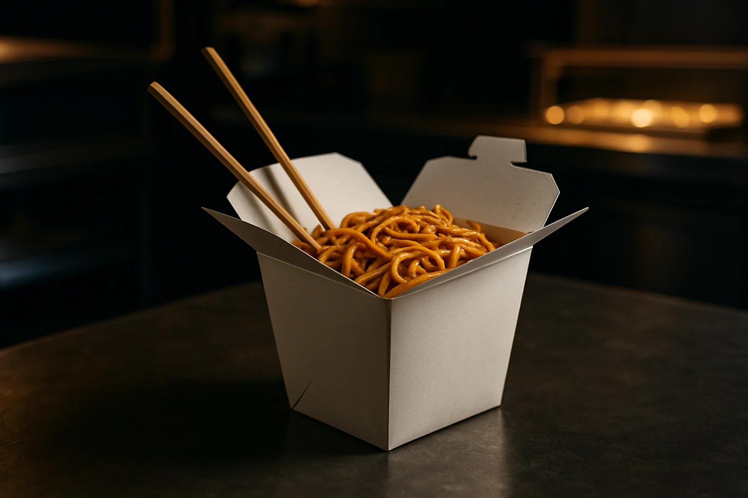 Asia-Box geöffnet mit Nudeln und Gemüse in Take-away-Umgebung