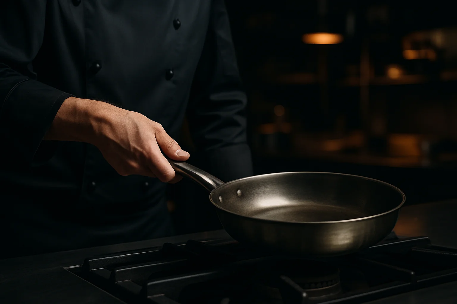 Koch hebt eine Bratpfanne mit ergonomischem Griff über eine Herdplatte