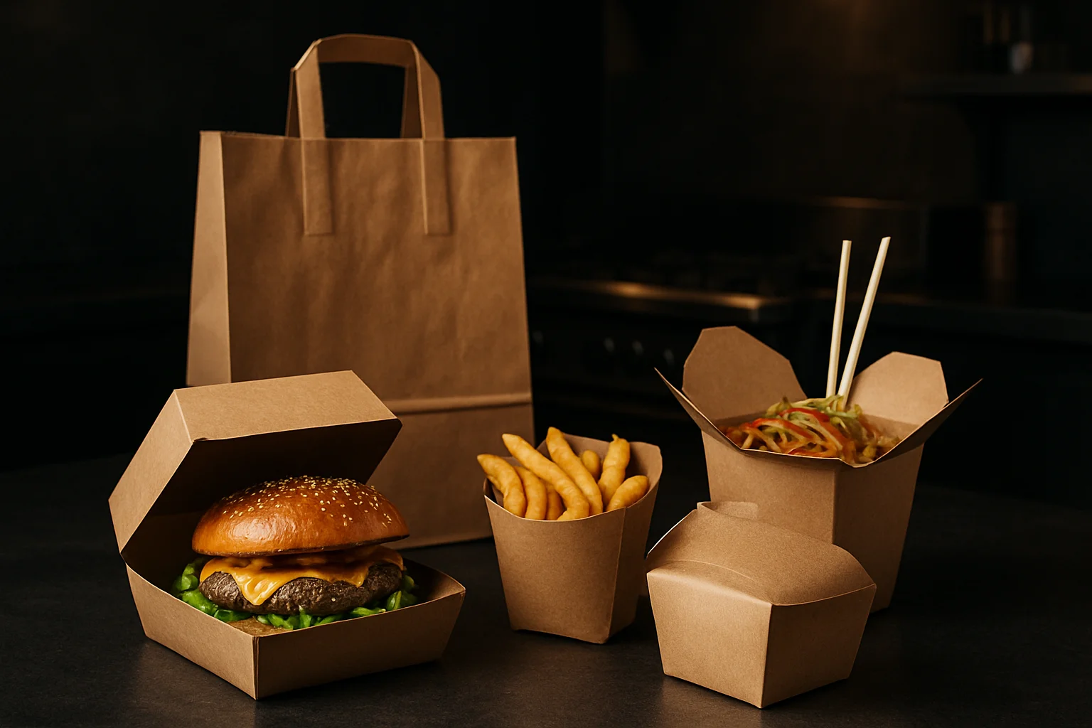 Verschiedene Burger- und Snackverpackungen in professionellem Gastronomie-Kontext
