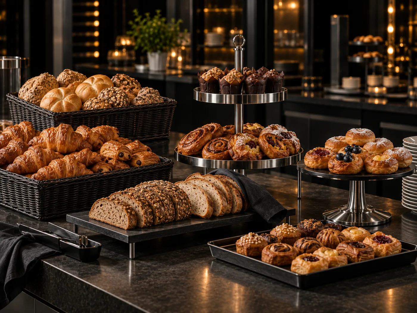 Brot, Brötchen und Gebäck mit Präsentationskörben und Etageren am Frühstücksbuffet