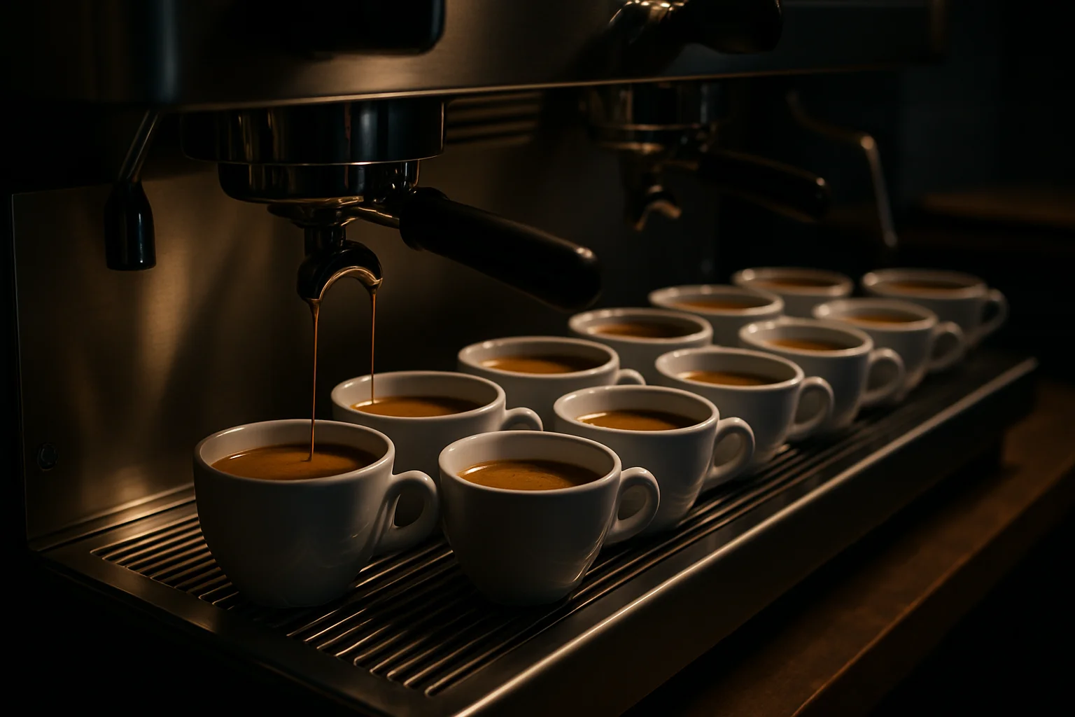 Kaffeetheke mit Reihen ausgegebener Tassen zur Darstellung von Durchsatz
