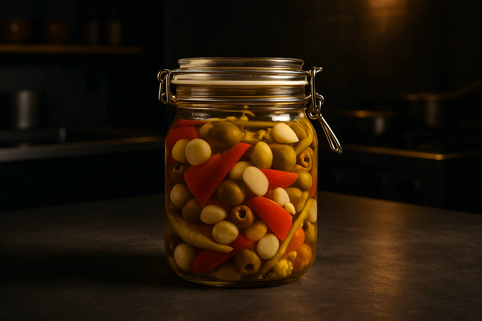 Delikatessenglas mit eingelegten Spezialitäten in Gastronomie-Umgebung