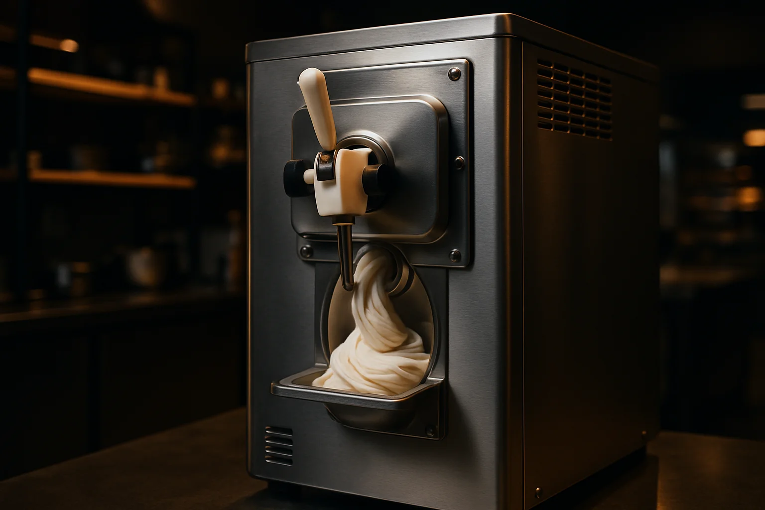 Professionelle Eismaschine aus Edelstahl in gastronomischer Produktionsumgebung