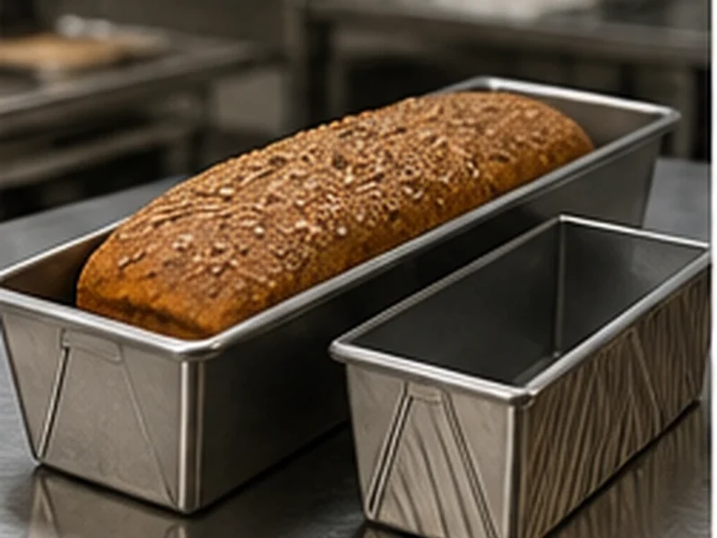Metall-Brotform mit gebackenem Laib auf neutralem Hintergrund