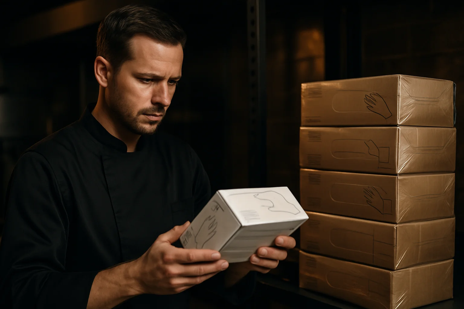 Mitarbeiter prüft Etikett einer Handschuhpackung neben Stapel verpackter Handschuhe im Lager
