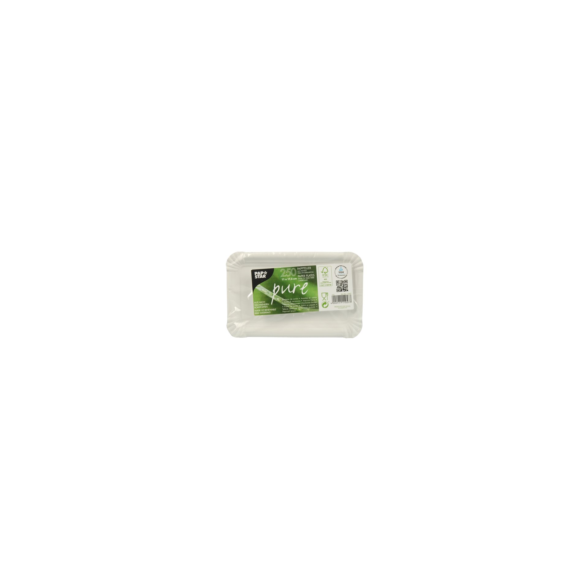 Teller, Pappe "pure" eckig 11 cm x 17,5 cm weiss