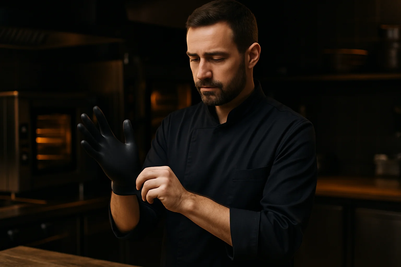 Mitarbeiter prüft Passform eines Handschuhs in Küche