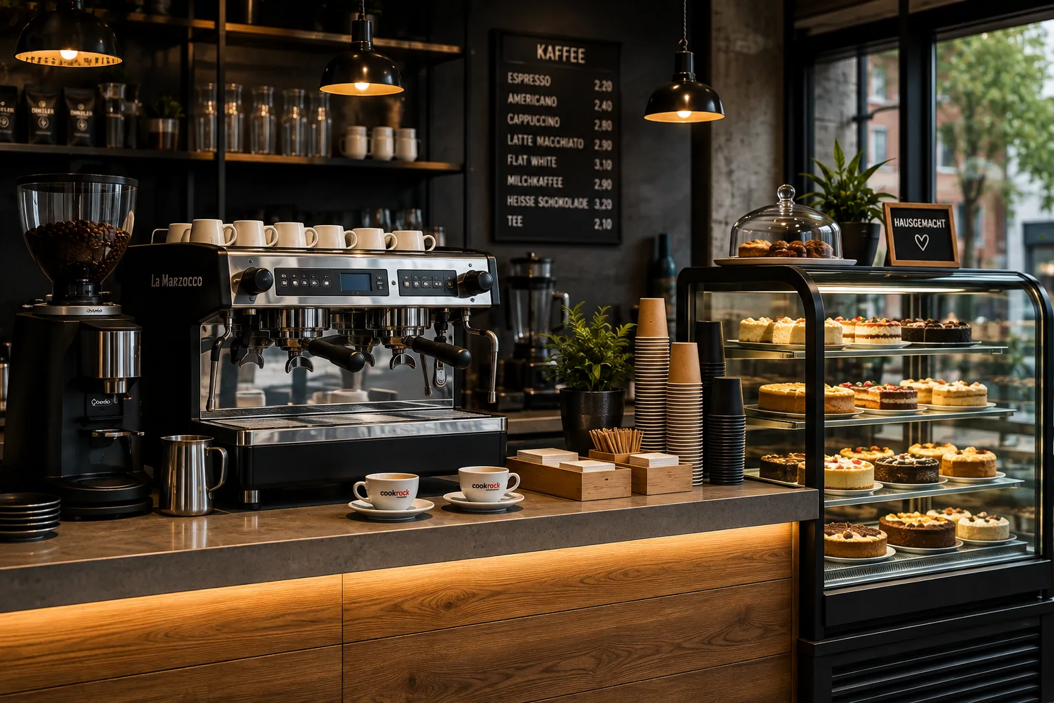 Caféausstattung für Bäckerei und Konditorei mit Kuchenvitrine, Kaffeeausstattung und Gebäck