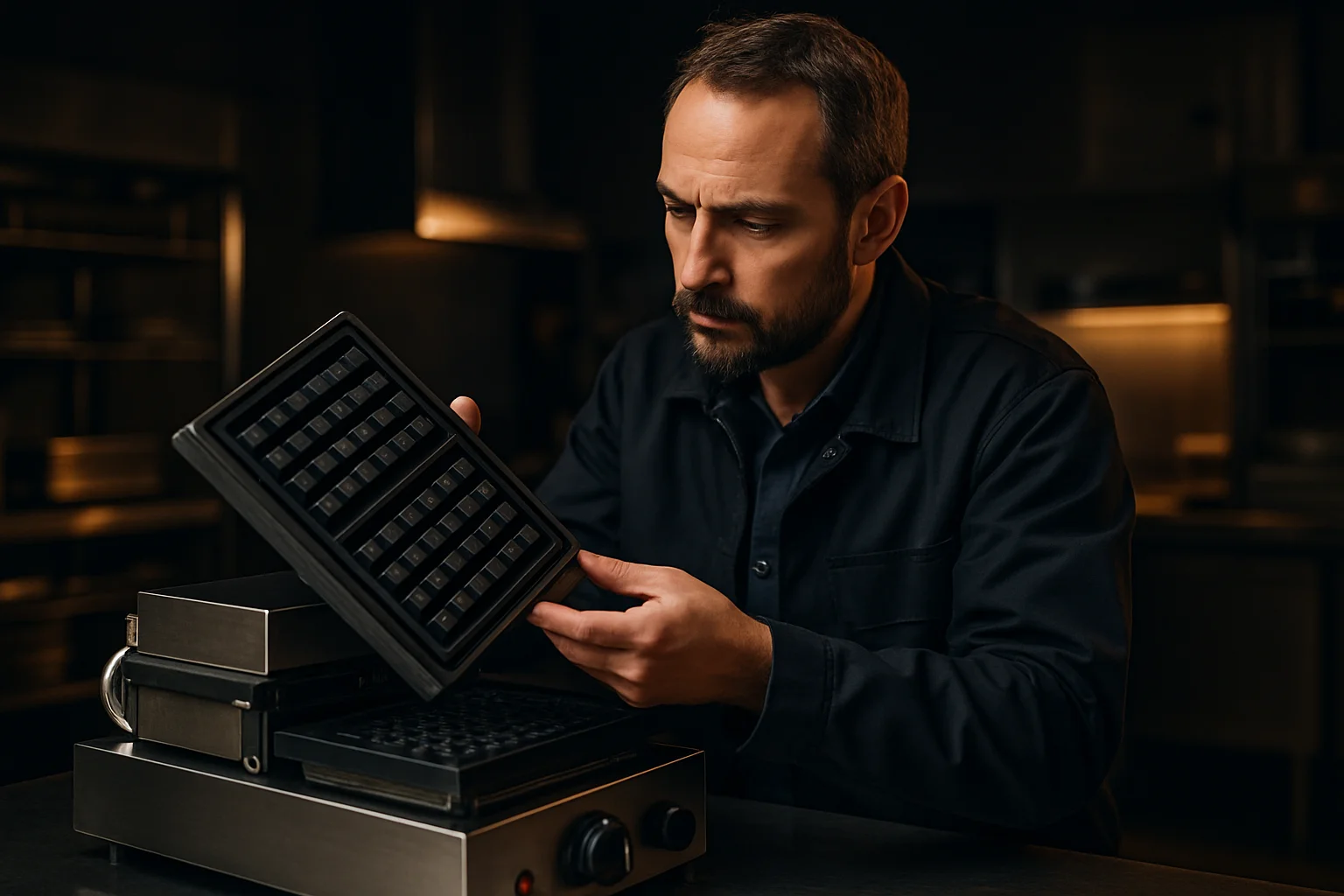 Techniker prüft Passform einer Wechselplatte an einem Waffeleisen