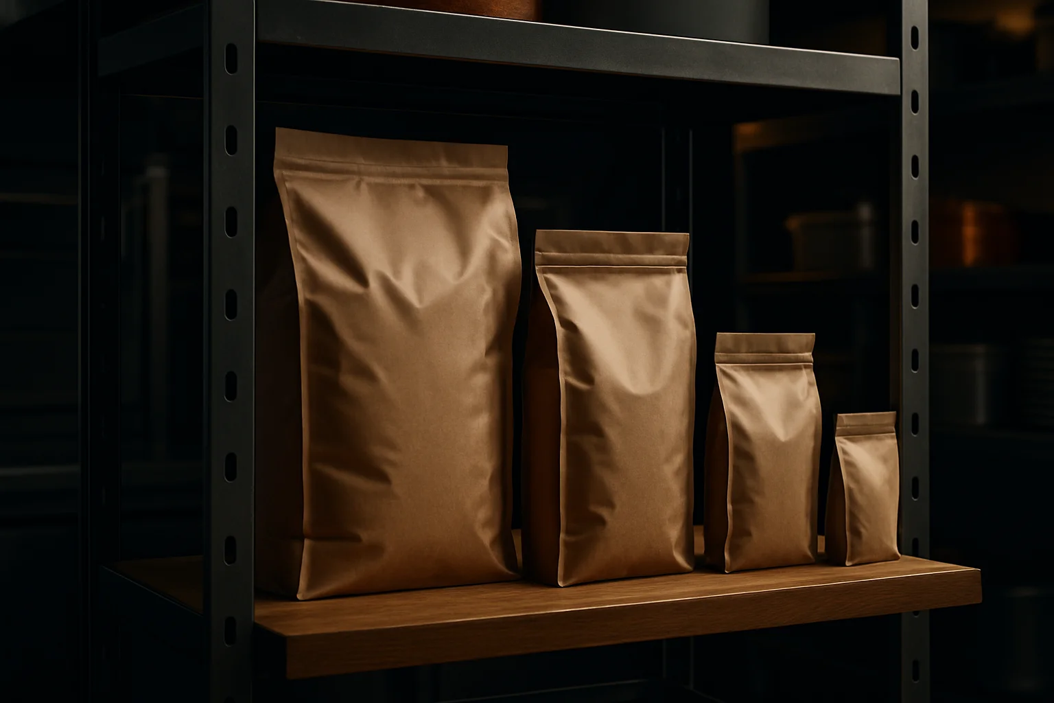 Lagerregal mit verschiedenen packungsgroessen von beuteln in gastronomie